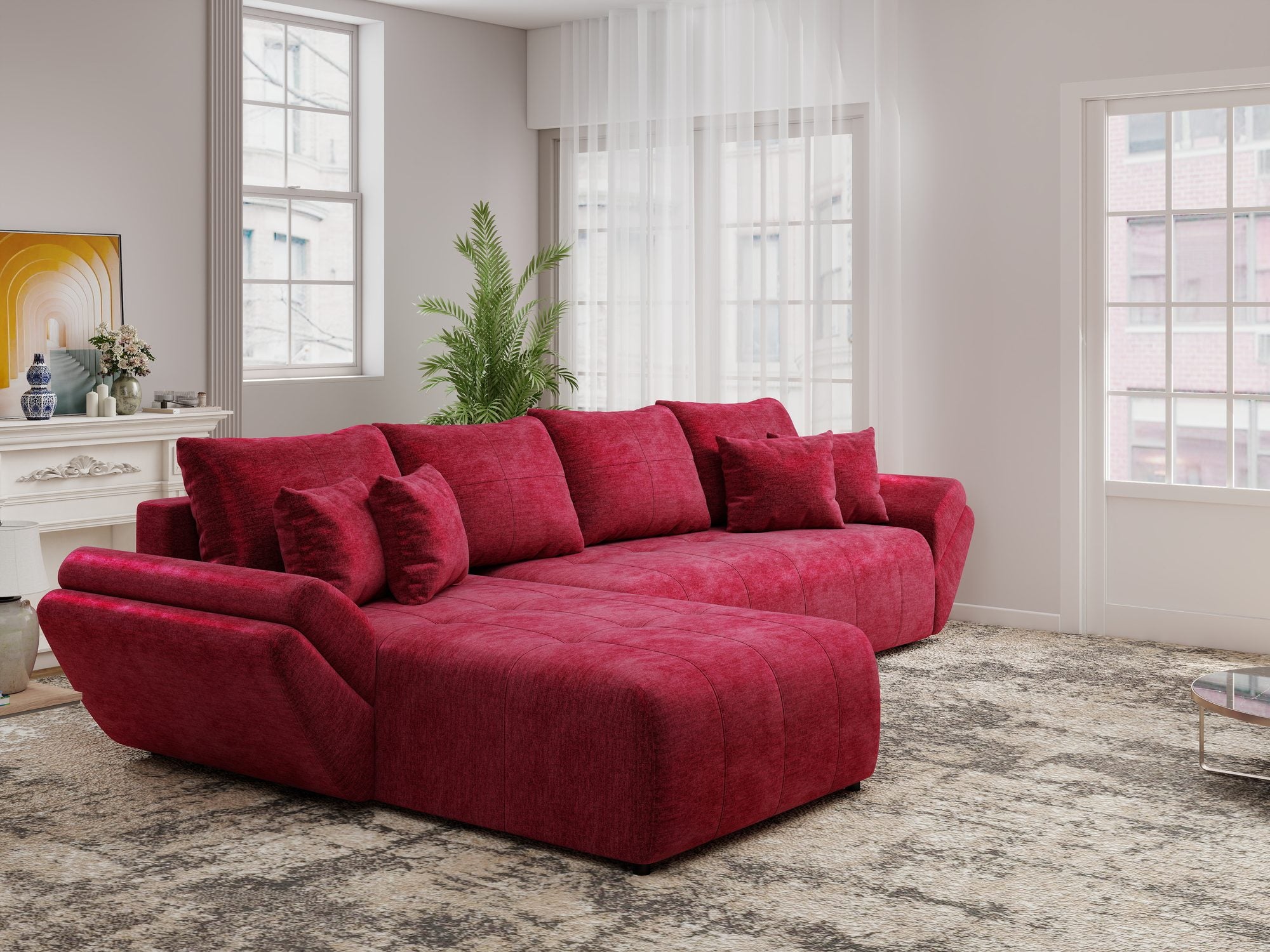 Colțar extensibil dumonde cu ladă de depozitare si sezut confortabil din spuma high-density, Berlin XL Monolith Rosu 59 350x185 cm