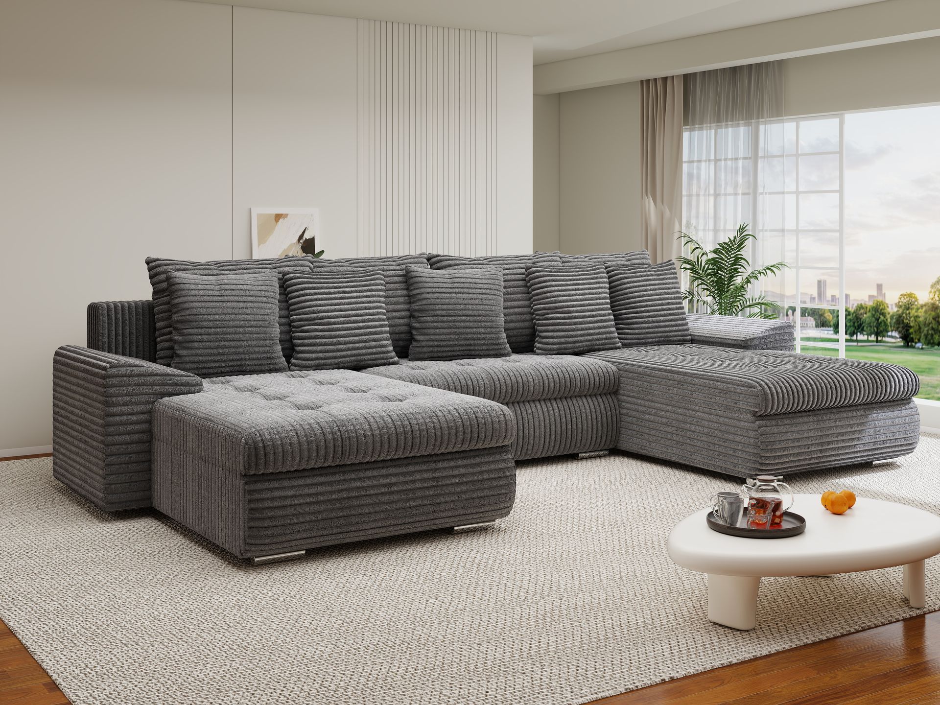 Colțar extensibil dumonde cu ladă de depozitare si sezut confortabil din spuma high-density, Leonardo U Tilia Gri 90 360x185 cm
