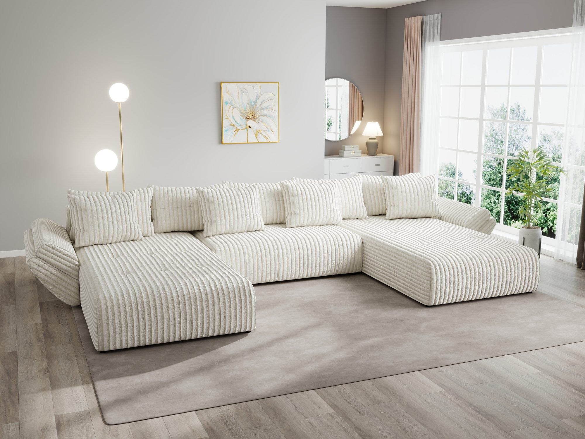 Colțar extensibil dumonde cu ladă de depozitare si sezut confortabil din spuma high-density, Berlin U Tilia Bej 01 380x180 cm