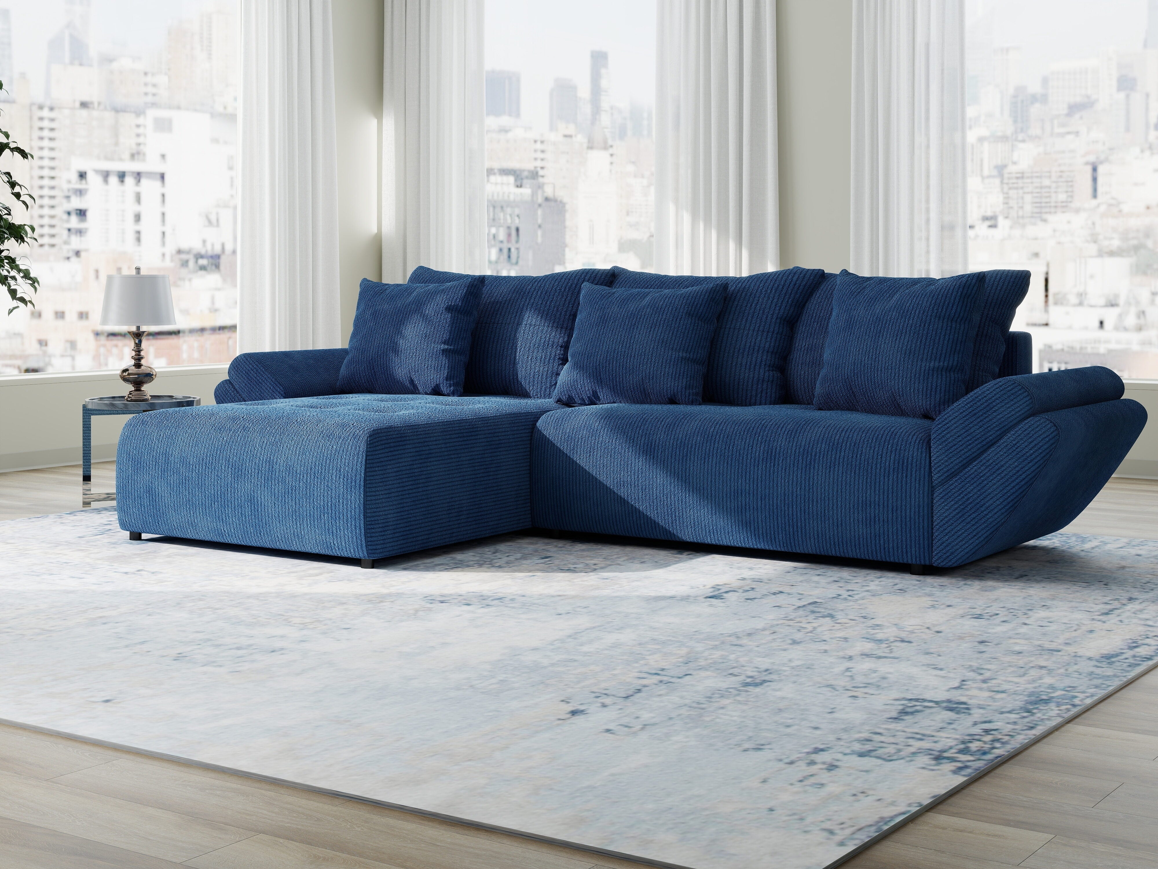 Colțar extensibil dumonde cu ladă de depozitare si sezut confortabil din spuma HR, Berlin Zoom Albastru 280x185 cm