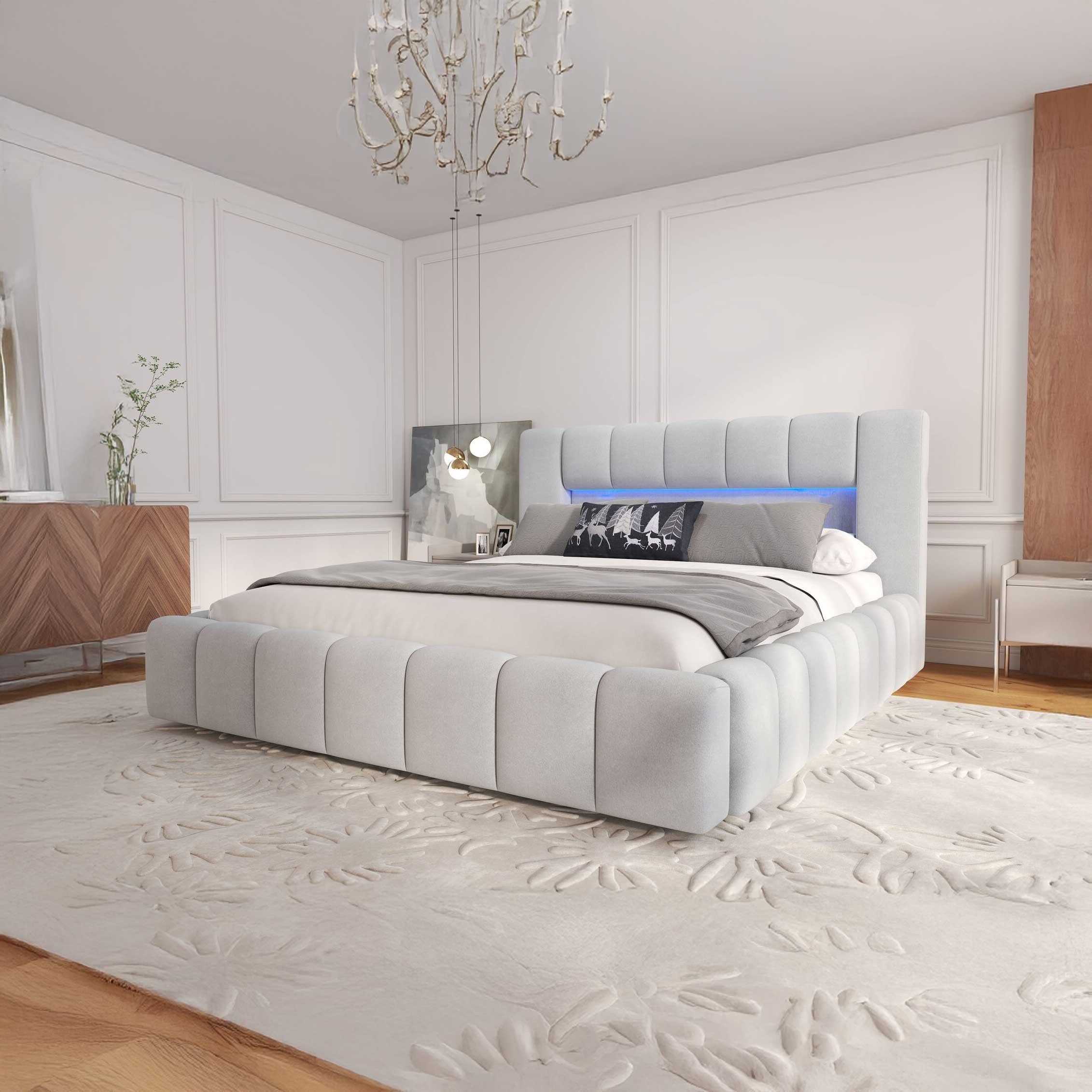 Pat dormitor dumonde, tapitat bej, Palermo 180X200 cm, somiera rabatabila inclusa, spatiu depozitare