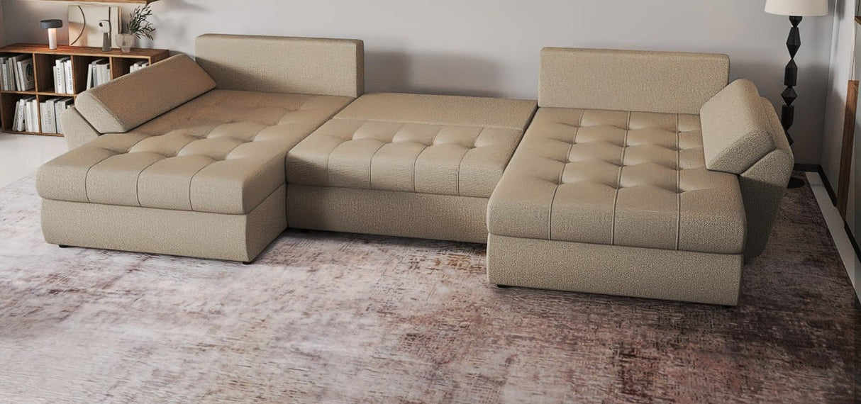 Colțar extensibil dumonde cu ladă de depozitare si sezut confortabil din spuma HR, Loana Bej U 355x185 cm Fabrica