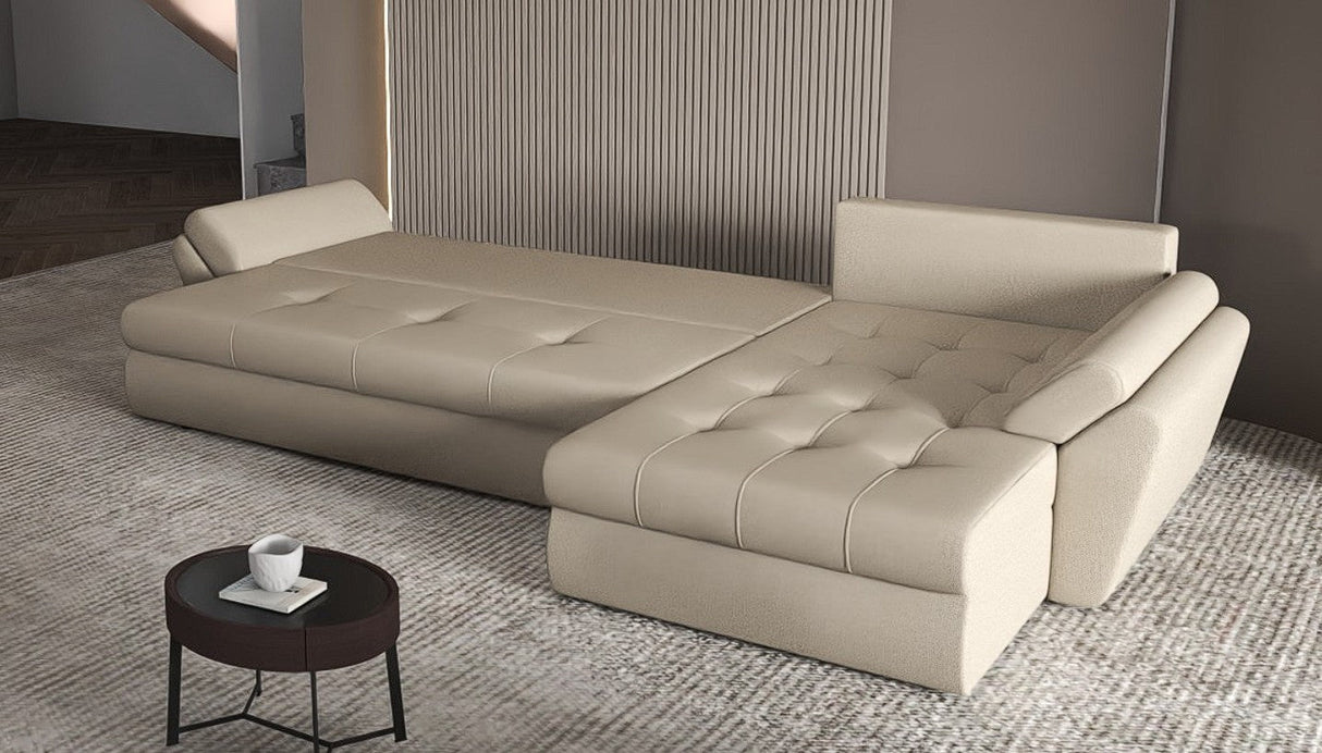 Colțar extensibil dumonde cu ladă de depozitare si sezut confortabil din spuma HR, Loana XL Enjoy Bej 335x185 cm Fabrica