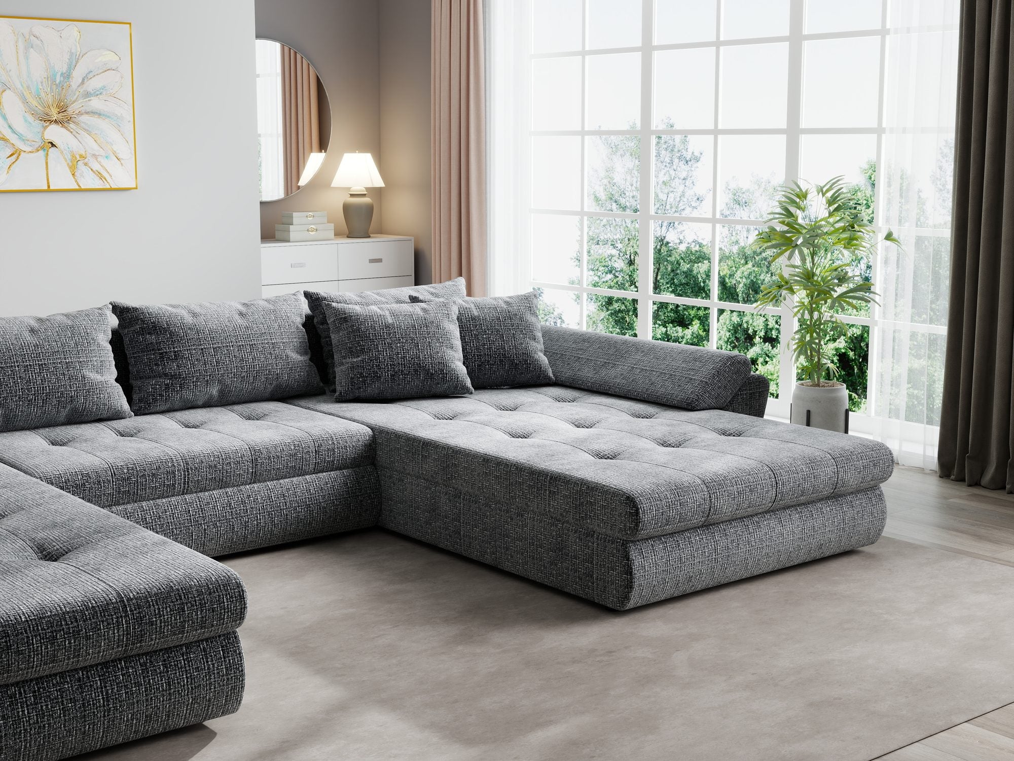 Colțar extensibil dumonde cu ladă de depozitare si sezut confortabil din spuma high-density, Loana U Cremona Gri 95 355x185 cm