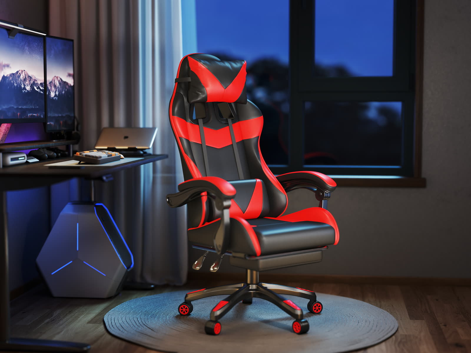 Scaun gaming Dumonde RIFT, mecanism multifuncțional, ecopiele, suport picioare, rosu/negru