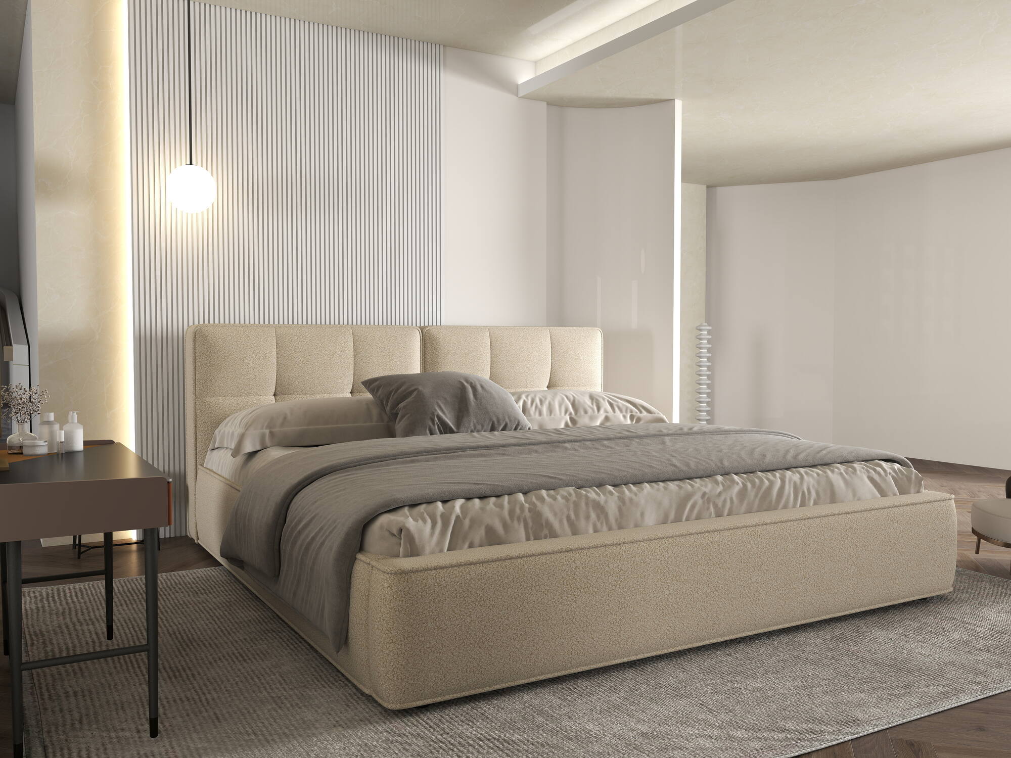 Pat dormitor dumonde, tapitat bej, Vegas 180x200 cm, somiera rabatabila inclusa, spatiu depozitare