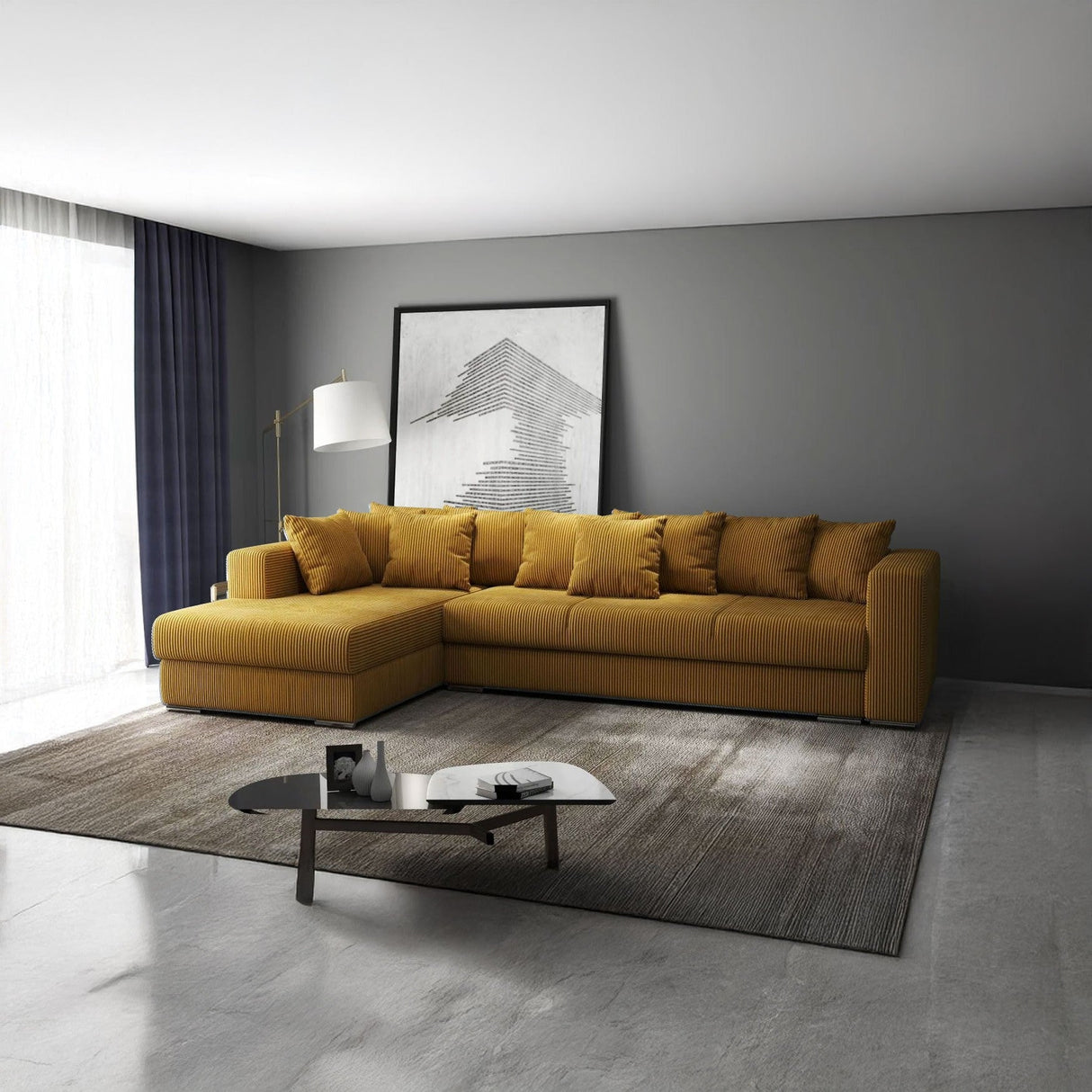 Colțar extensibil dumonde cu ladă de depozitare si sezut confortabil din spuma HR, Gloria Mustar Zoom 320x183 cm Fabrica