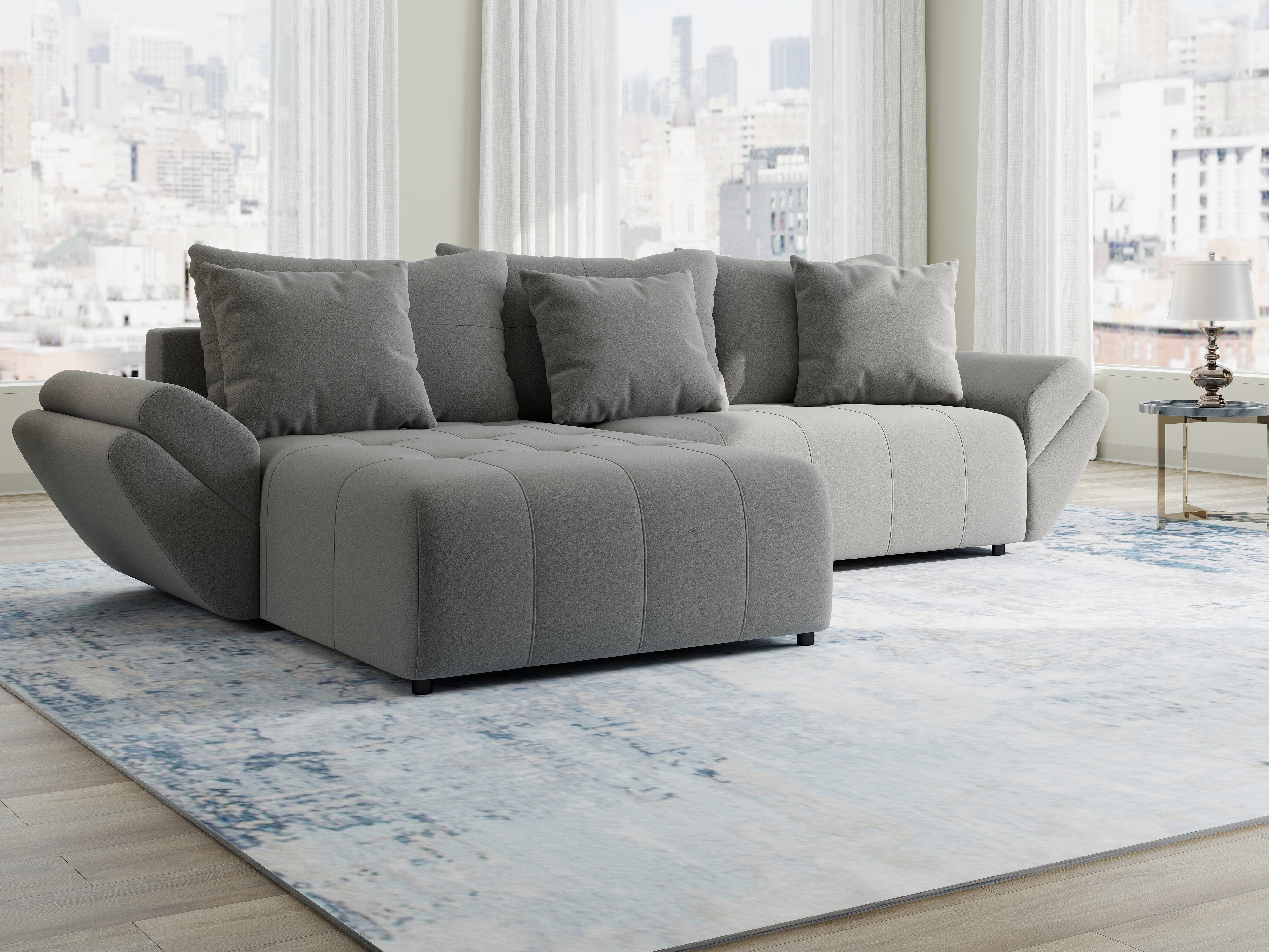 Colțar extensibil dumonde cu ladă de depozitare si sezut confortabil din spuma HR, Berlin Royal Gri 280x185 cm