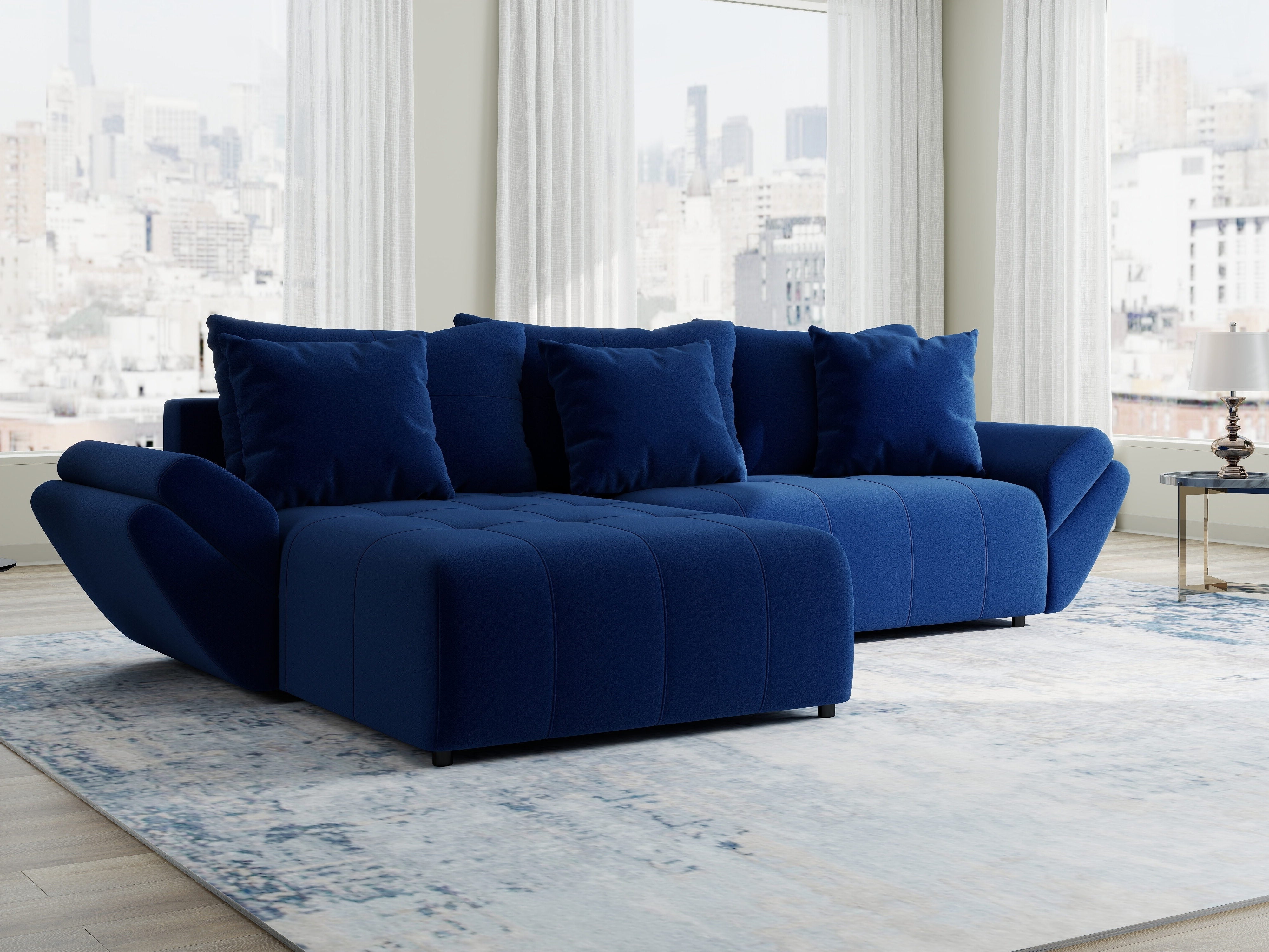 Colțar extensibil dumonde cu ladă de depozitare si sezut confortabil din spuma HR, Berlin Royal Albastru Navy 280x185 cm