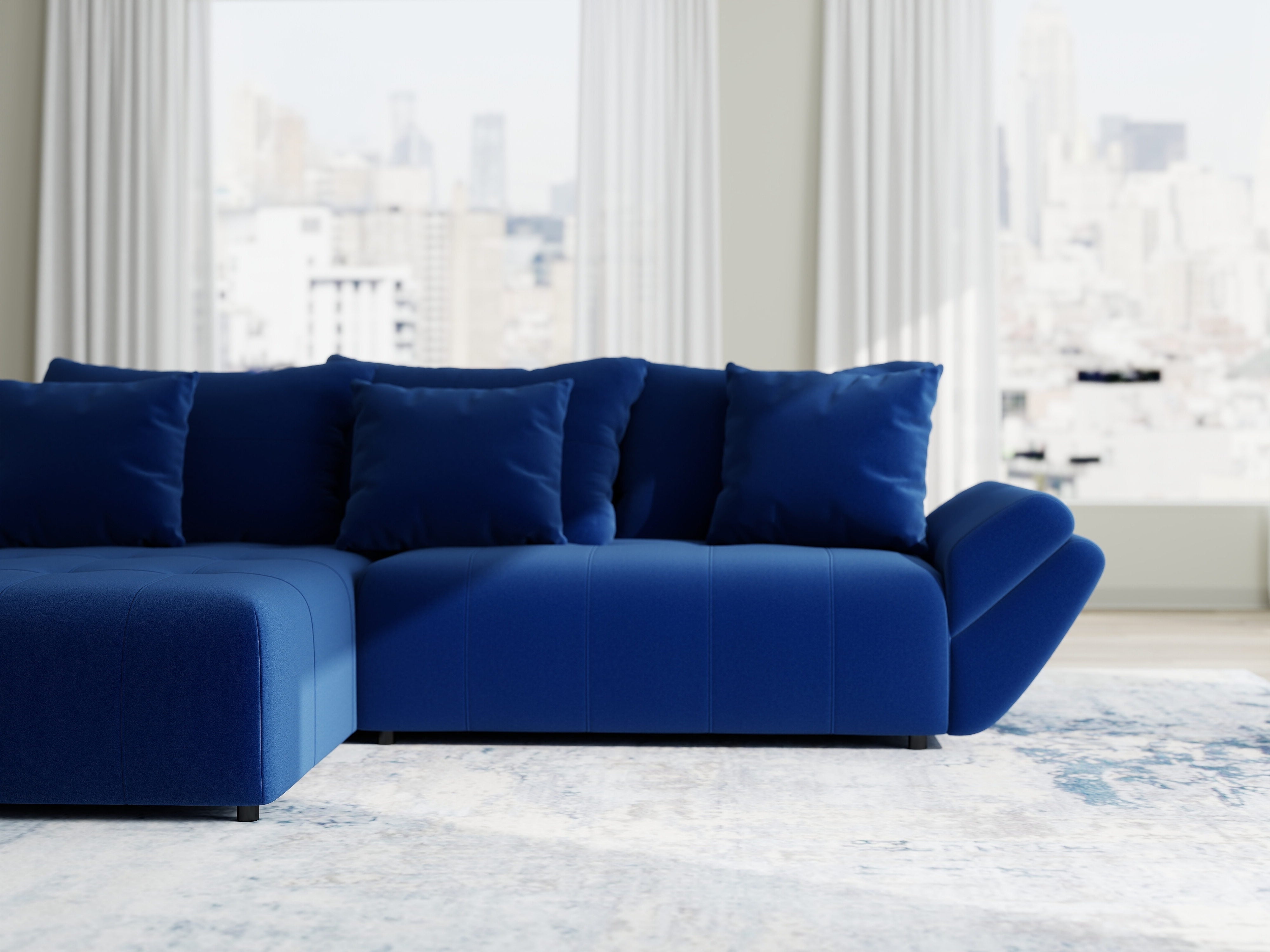 Colțar extensibil dumonde cu ladă de depozitare si sezut confortabil din spuma HR, Berlin Royal Albastru Navy 280x185 cm