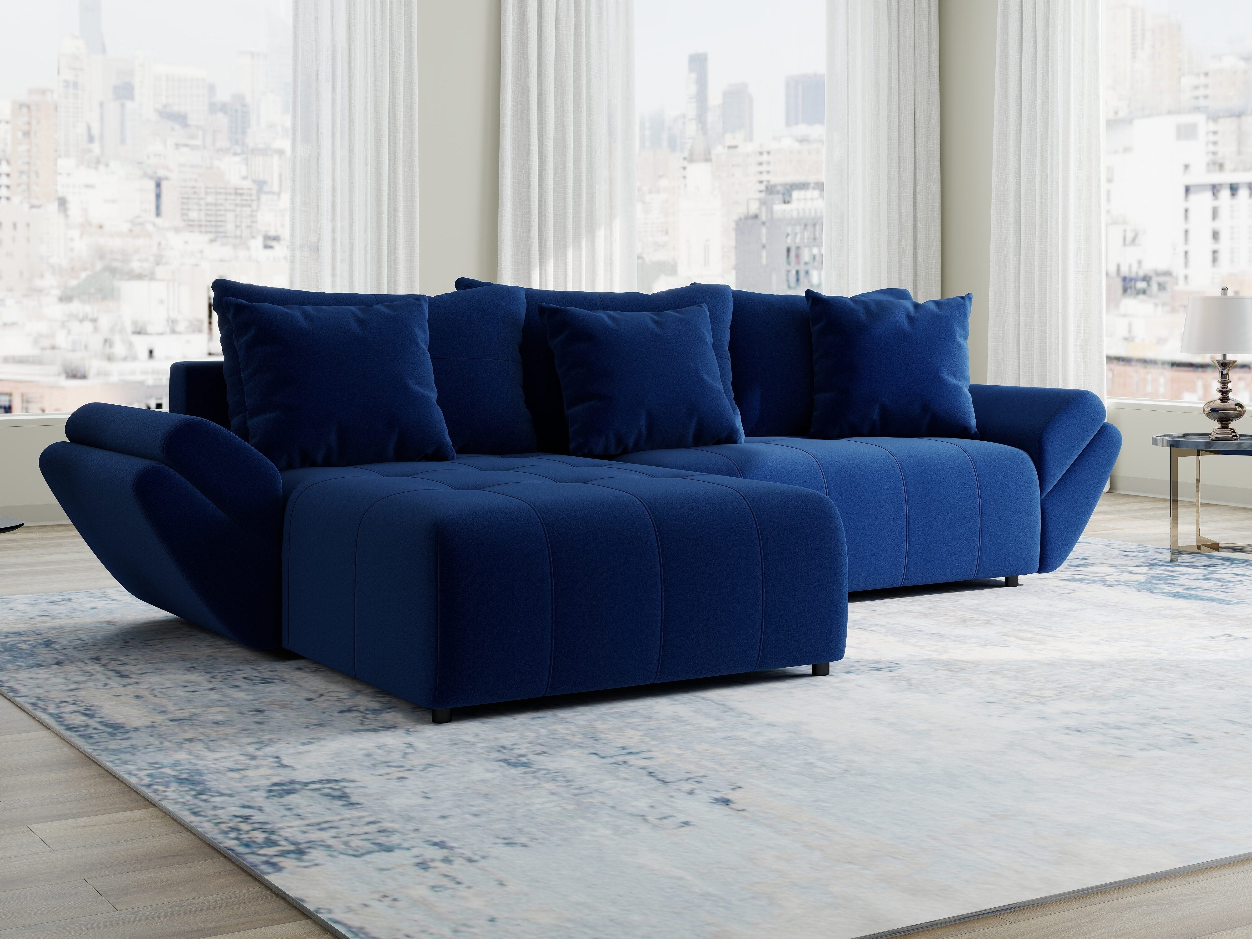 Colțar extensibil dumonde cu ladă de depozitare si sezut confortabil din spuma HR, Berlin Royal Albastru Navy 280x185 cm