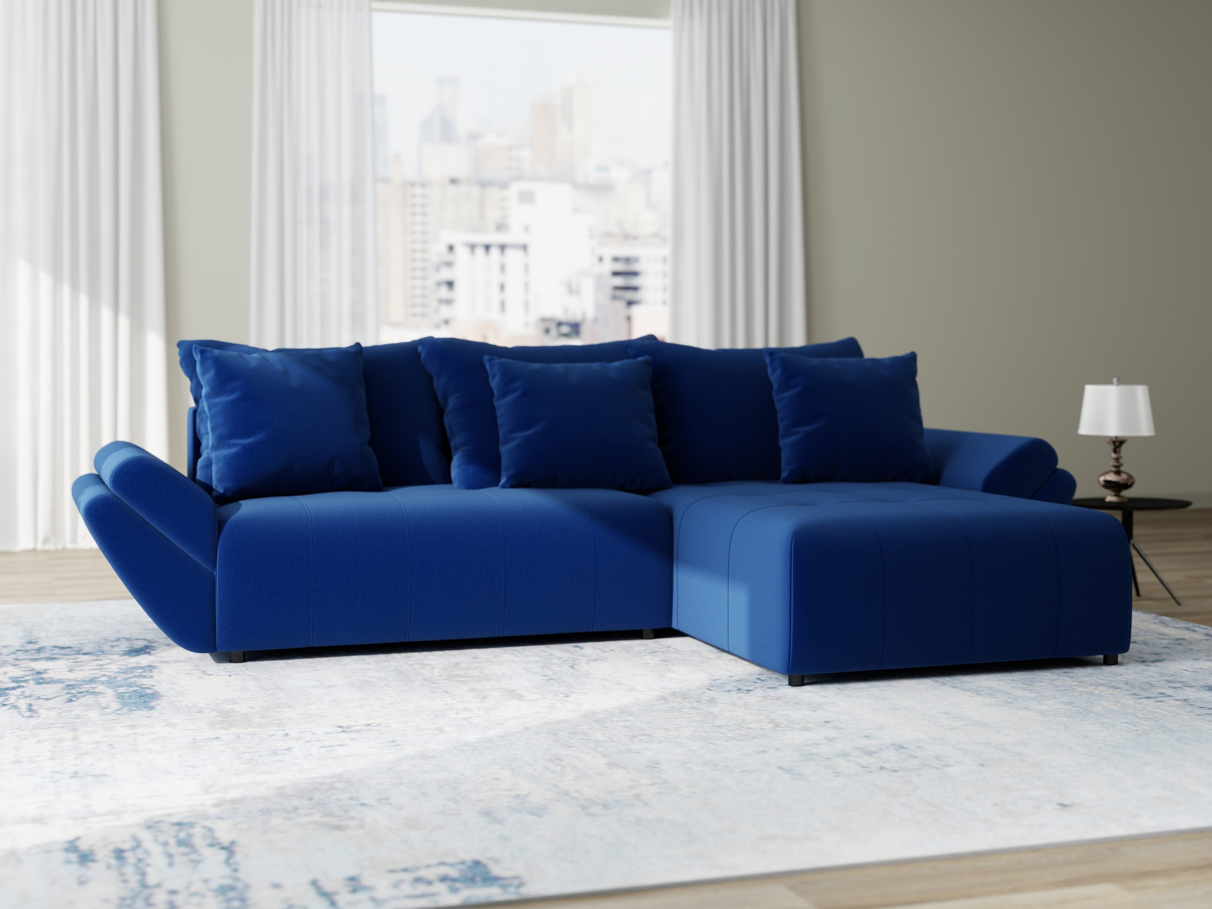 Colțar extensibil dumonde cu ladă de depozitare si sezut confortabil din spuma HR, Berlin Royal Albastru Navy 280x185 cm II