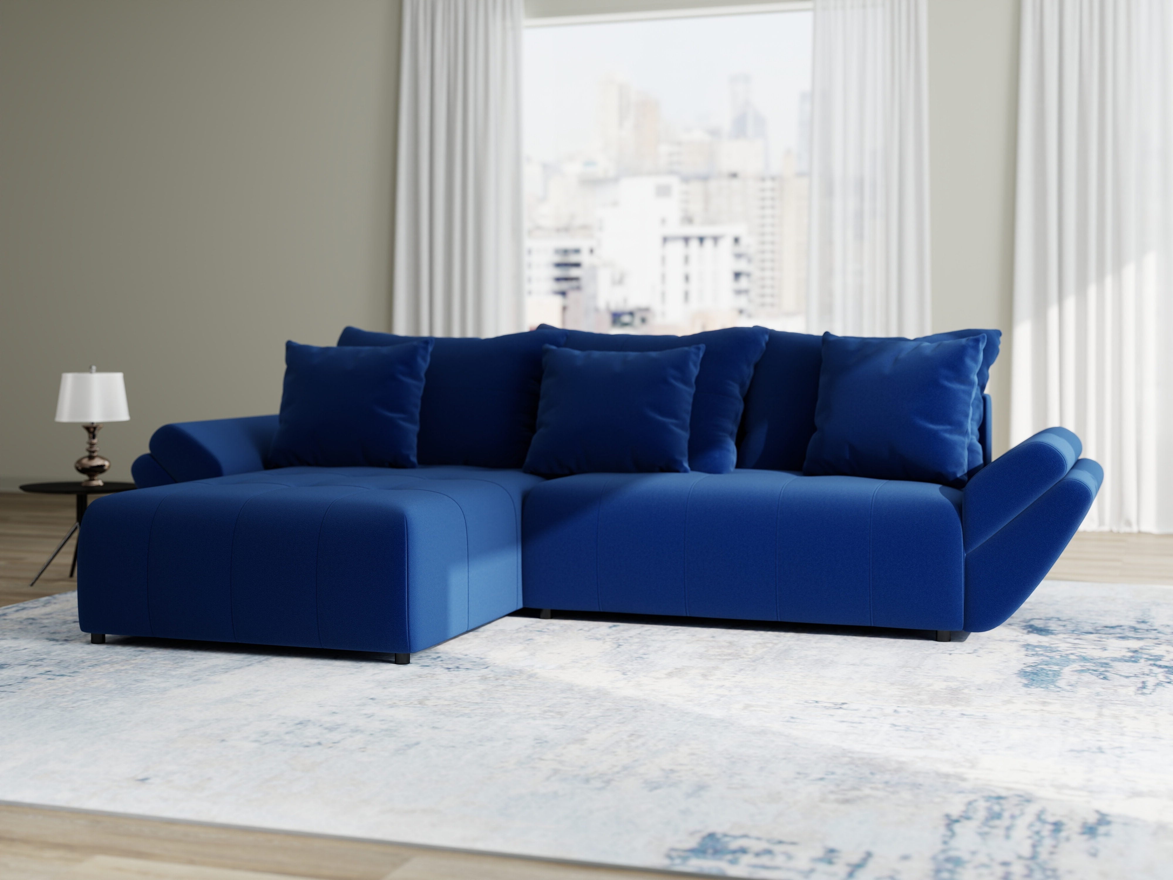 Colțar extensibil dumonde cu ladă de depozitare si sezut confortabil din spuma HR, Berlin Royal Albastru Navy 280x185 cm