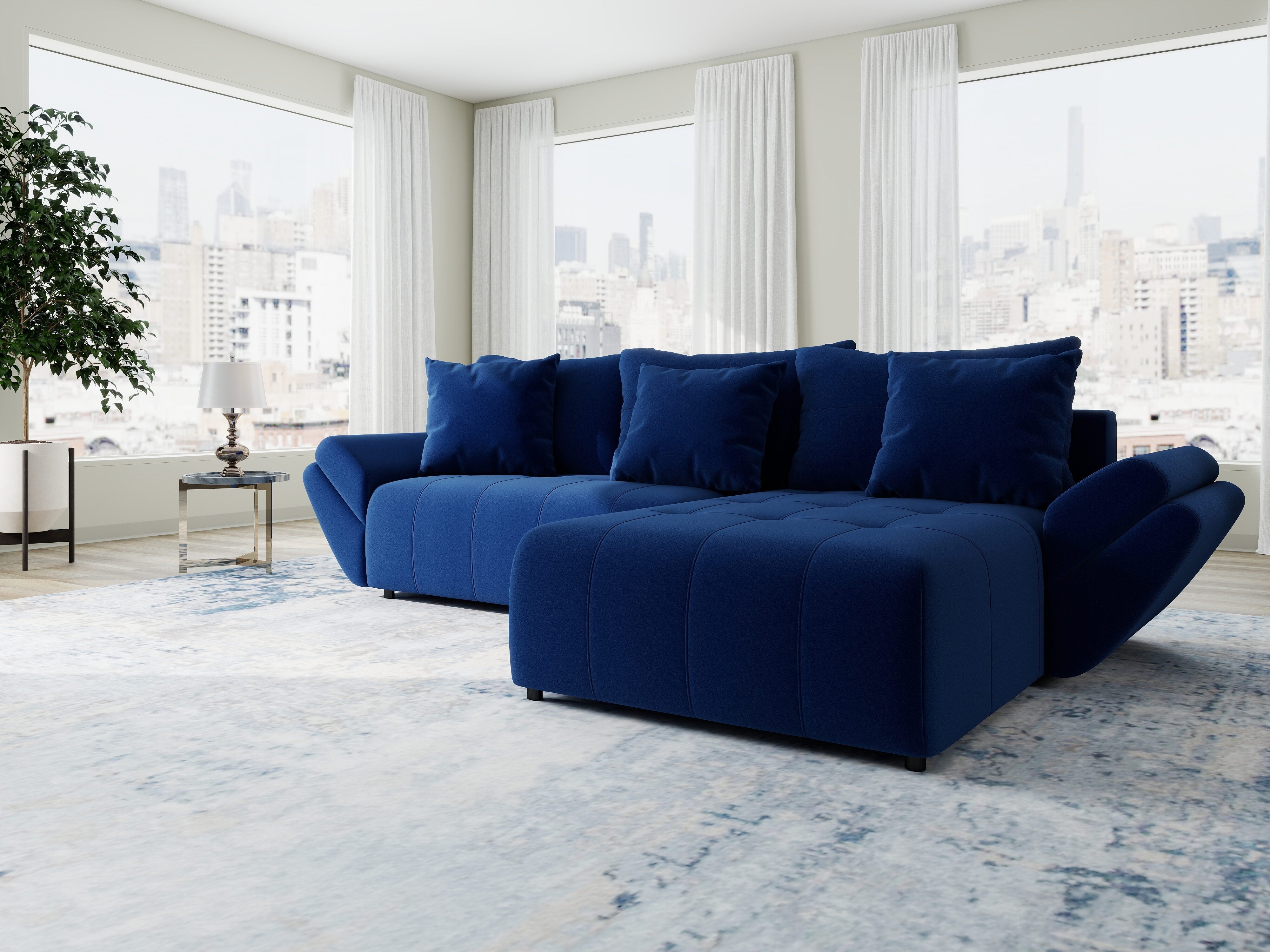 Colțar extensibil dumonde cu ladă de depozitare si sezut confortabil din spuma HR, Berlin Royal Albastru Navy 280x185 cm II