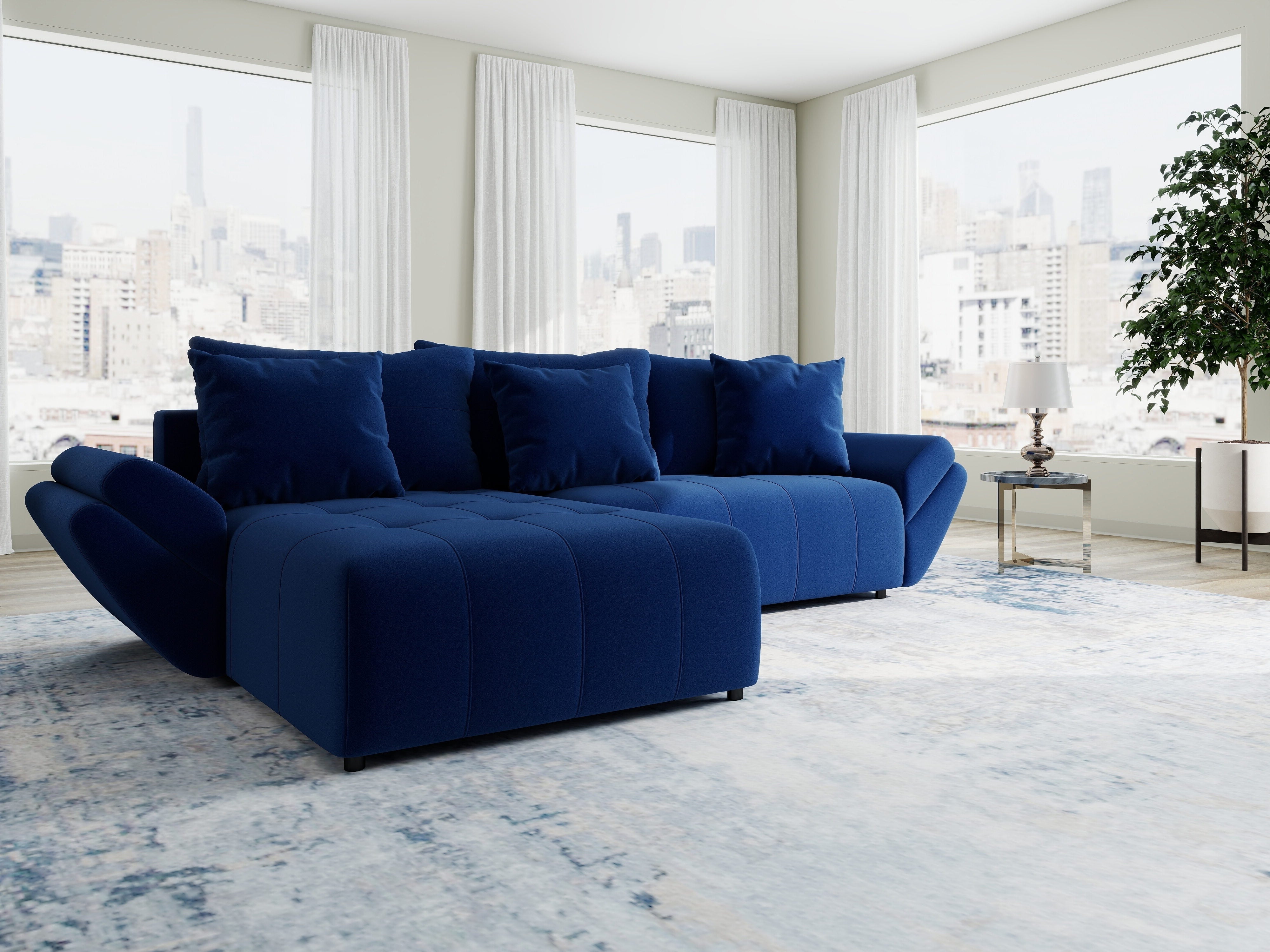 Colțar extensibil dumonde cu ladă de depozitare si sezut confortabil din spuma HR, Berlin Royal Albastru Navy 280x185 cm