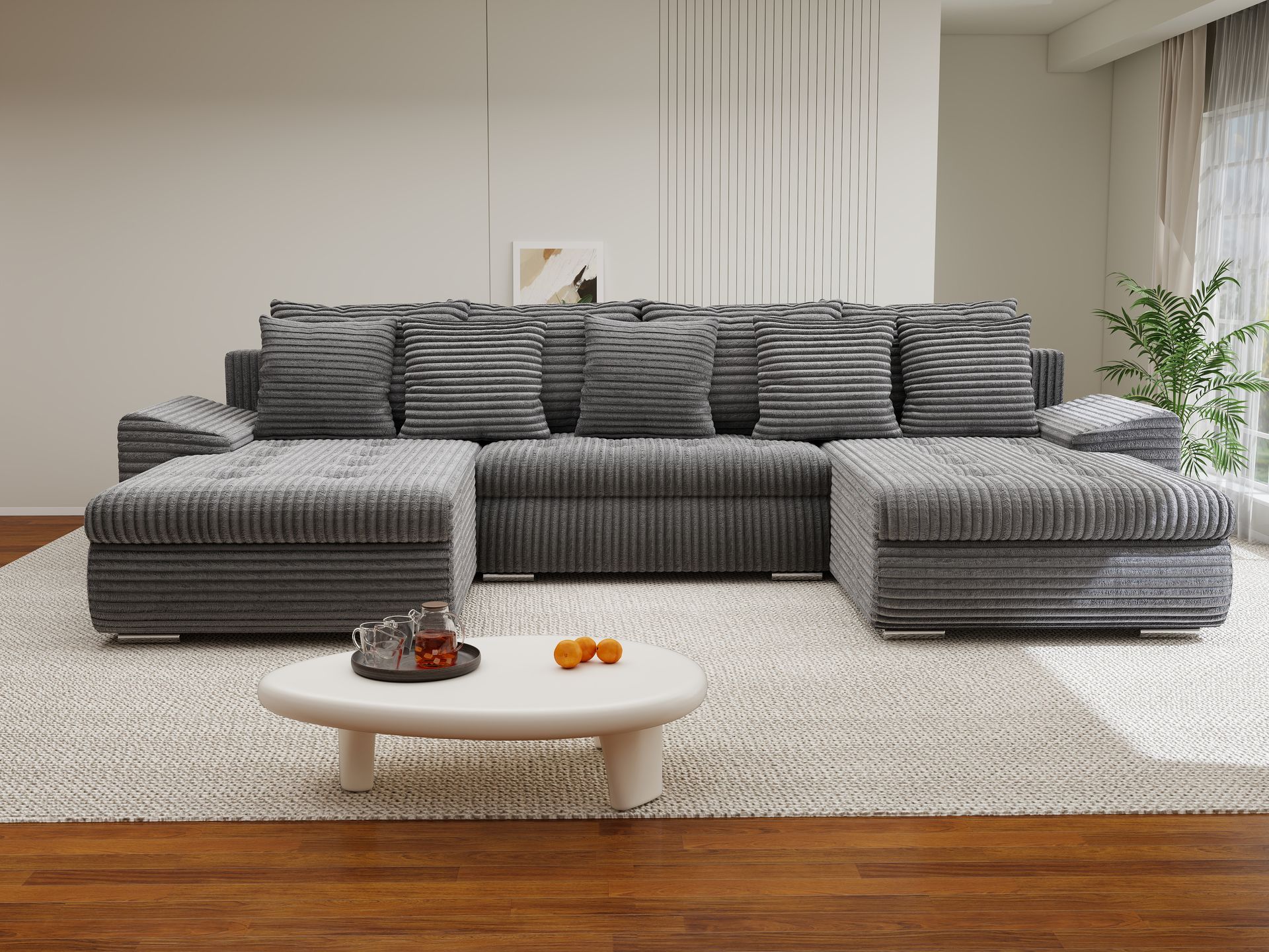 Colțar extensibil dumonde cu ladă de depozitare si sezut confortabil din spuma high-density, Leonardo U Tilia Gri 90 360x185 cm