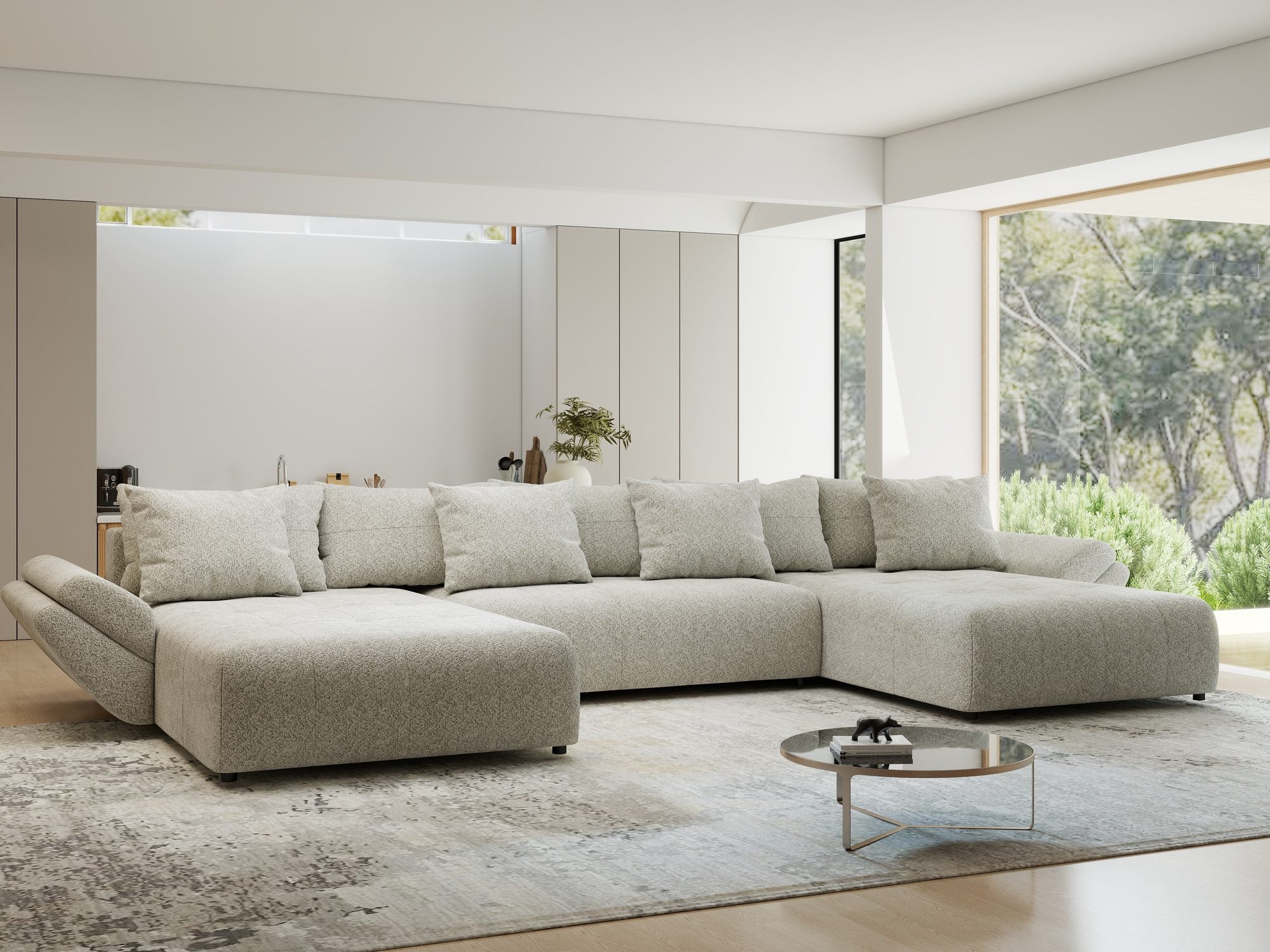 Colțar extensibil dumonde cu ladă de depozitare si sezut confortabil din spuma high-density, Berlin U Arena Bej 2 380x180 cm