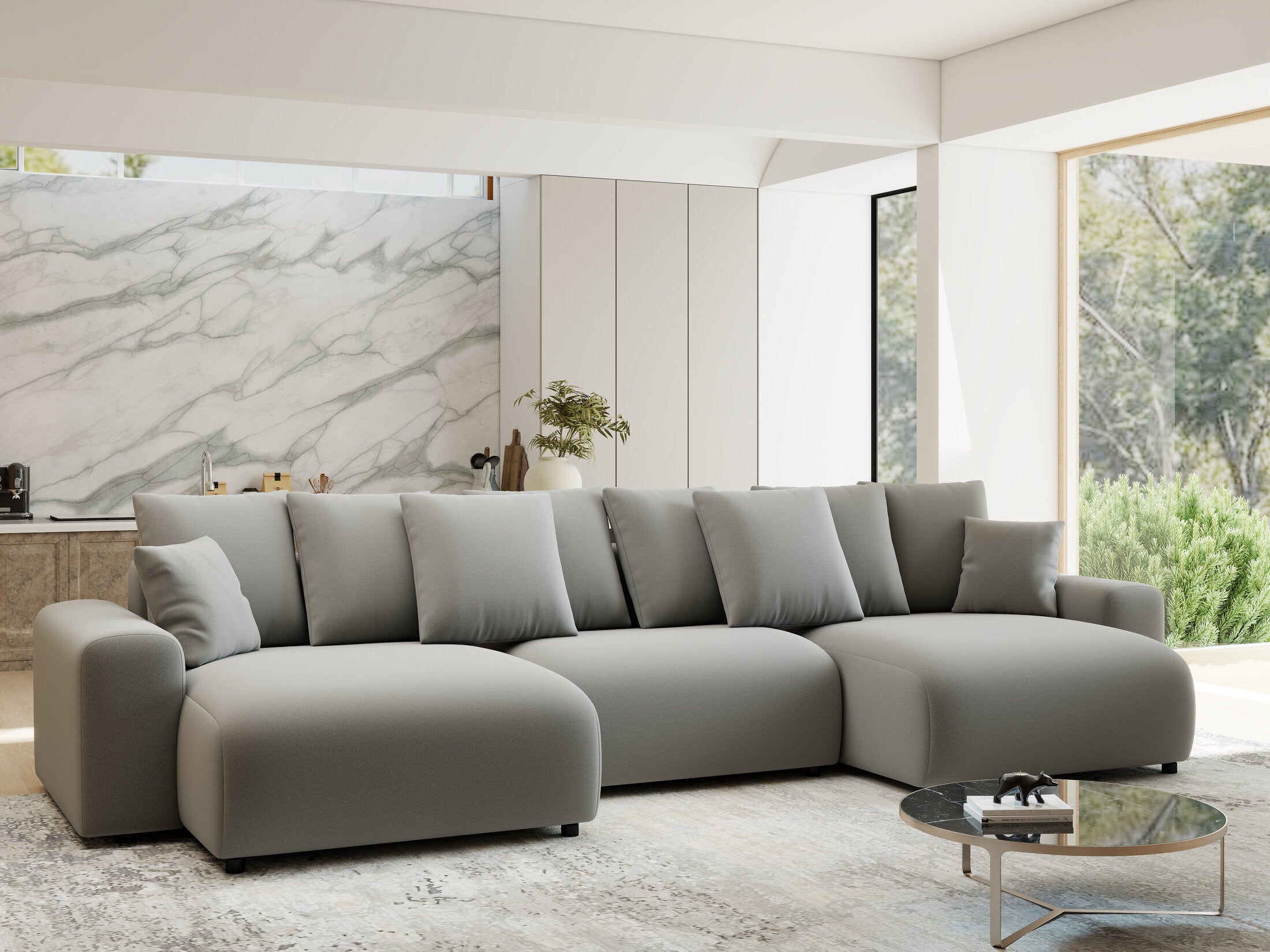 Colțar extensibil dumonde cu ladă de depozitare si sezut confortabil din spuma HR, Luma U Royal Gri 336x140 cm