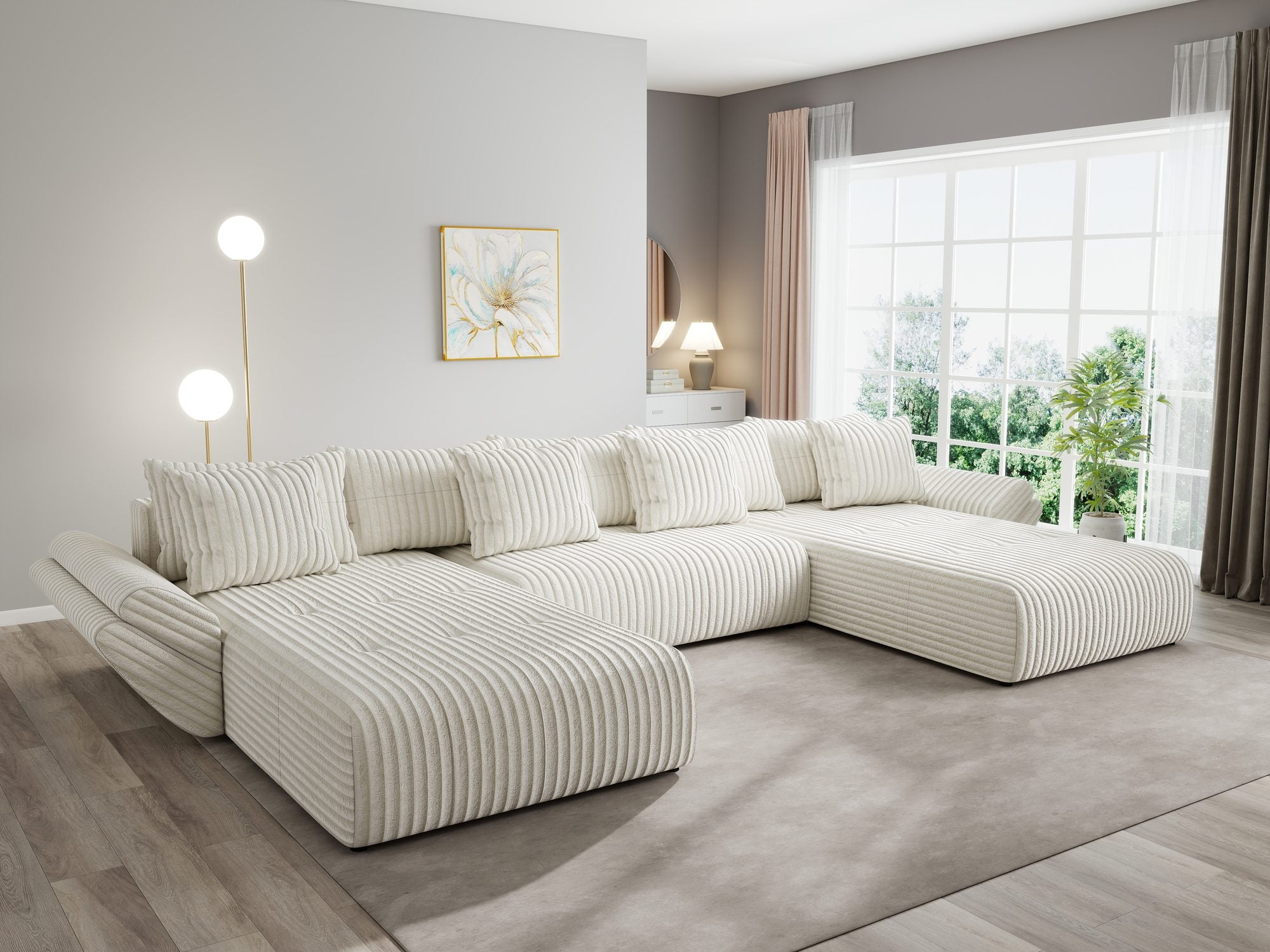 Colțar extensibil dumonde cu ladă de depozitare si sezut confortabil din spuma high-density, Berlin U Tilia Bej 01 380x180 cm