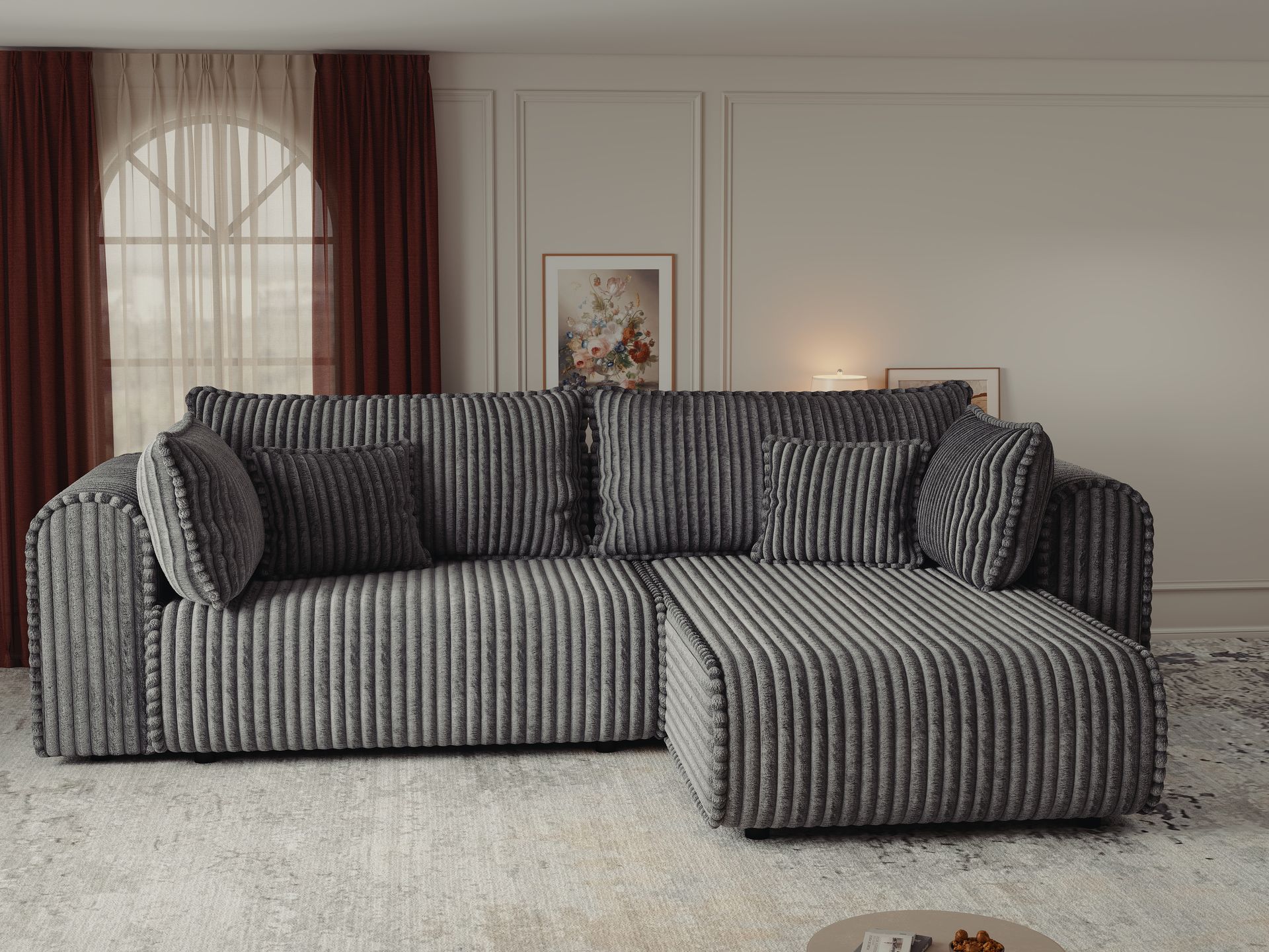 Colțar extensibil dumonde cu ladă de depozitare si sezut confortabil din spuma high-density, Monaco L Tilia Grafit II 270x100 cm