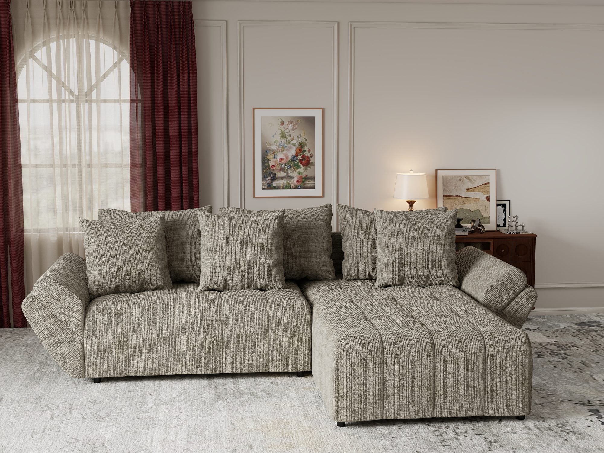 Colțar extensibil dumonde cu ladă de depozitare si sezut confortabil din spuma high-density, Berlin Cremona Bej 14 II 280x185 cm