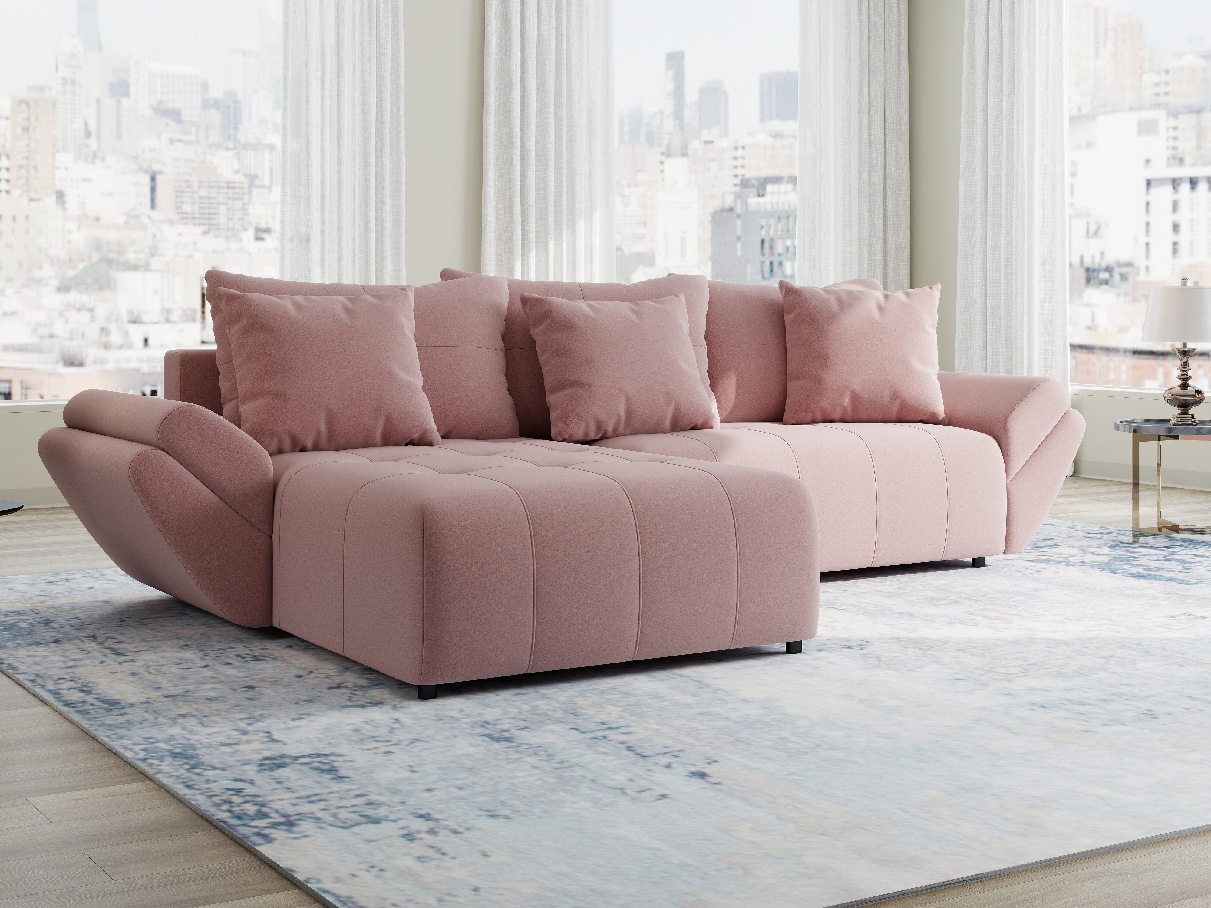 Colțar extensibil dumonde cu ladă de depozitare si sezut confortabil din spuma HR, Berlin Royal Roz 280x185 cm