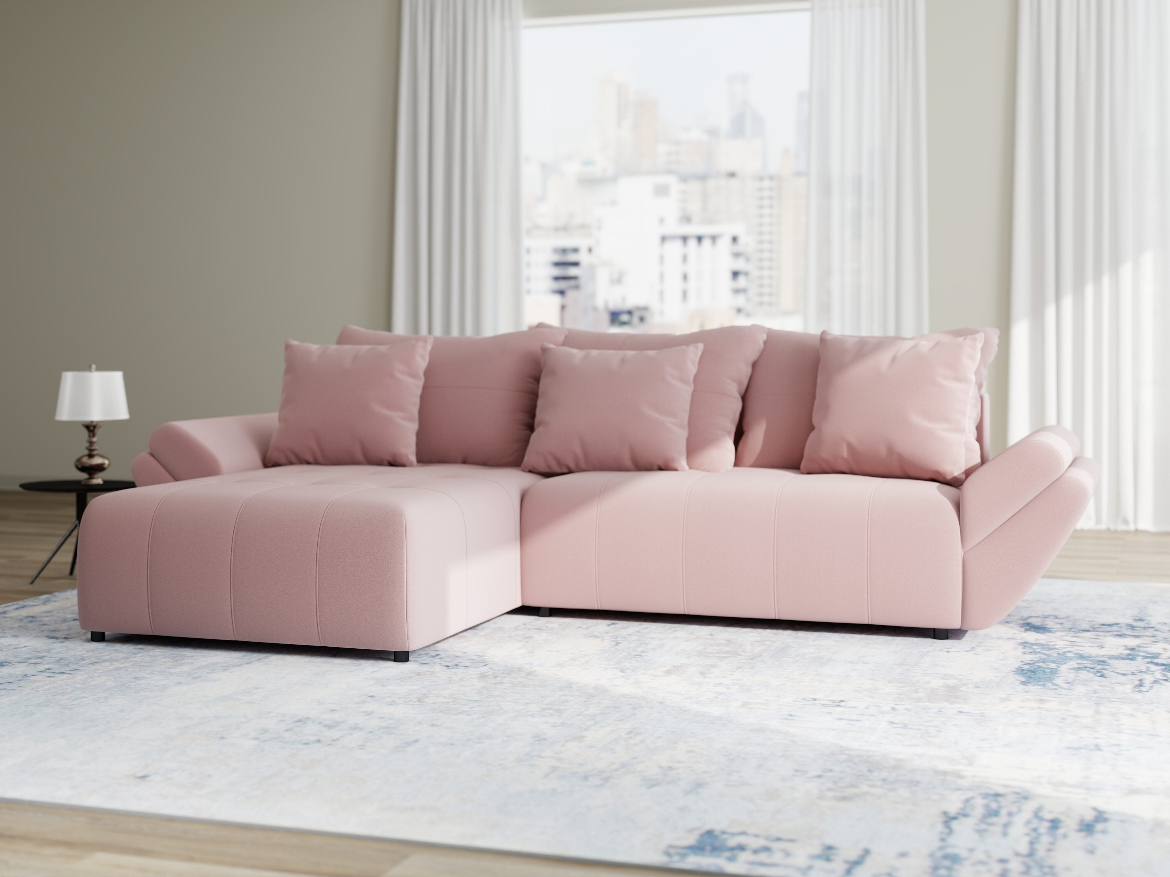 Colțar extensibil dumonde cu ladă de depozitare si sezut confortabil din spuma HR, Berlin Royal Roz 280x185 cm