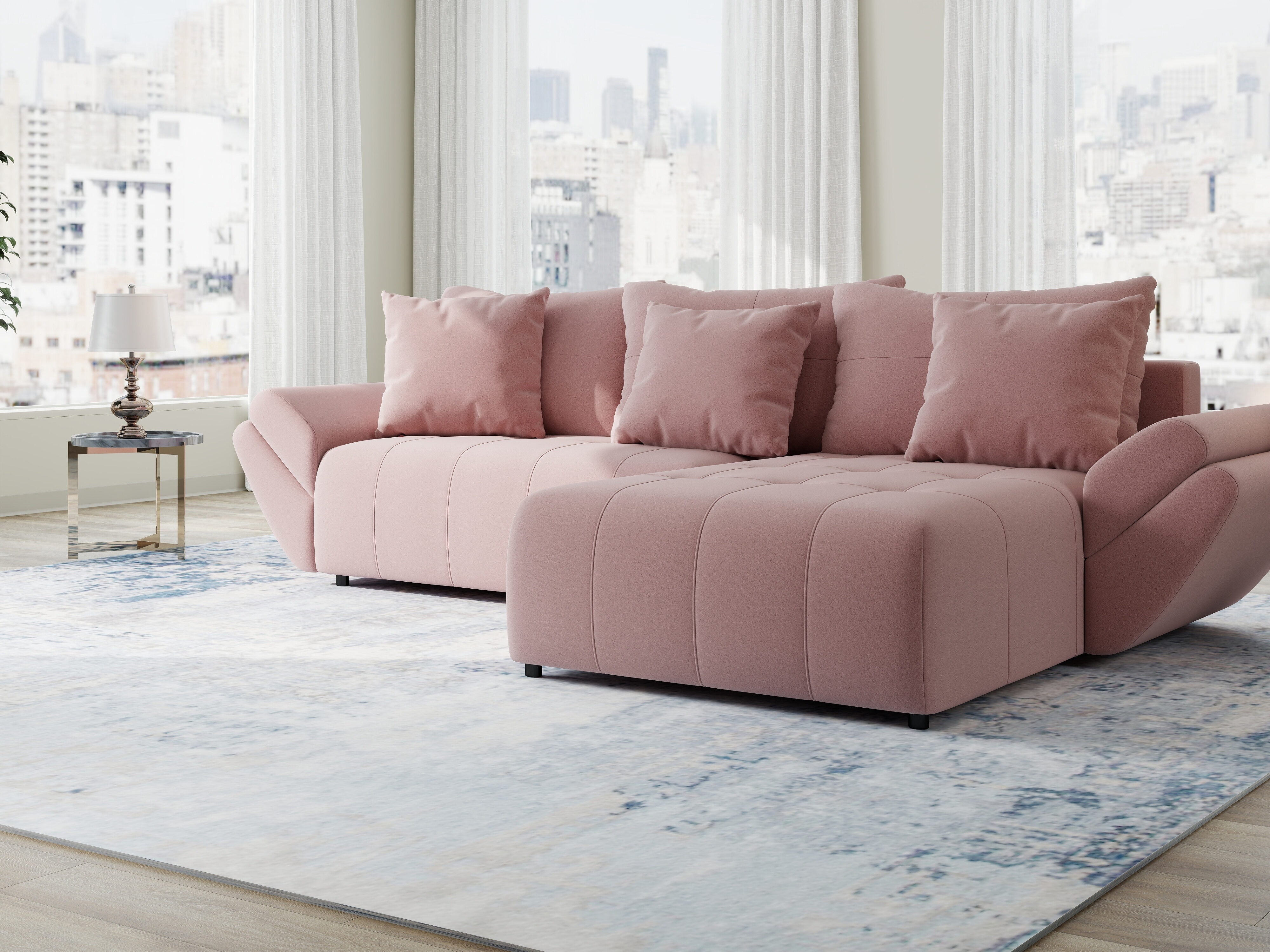 Colțar extensibil dumonde cu ladă de depozitare si sezut confortabil din spuma HR, Berlin Royal Roz 280x185 cm II