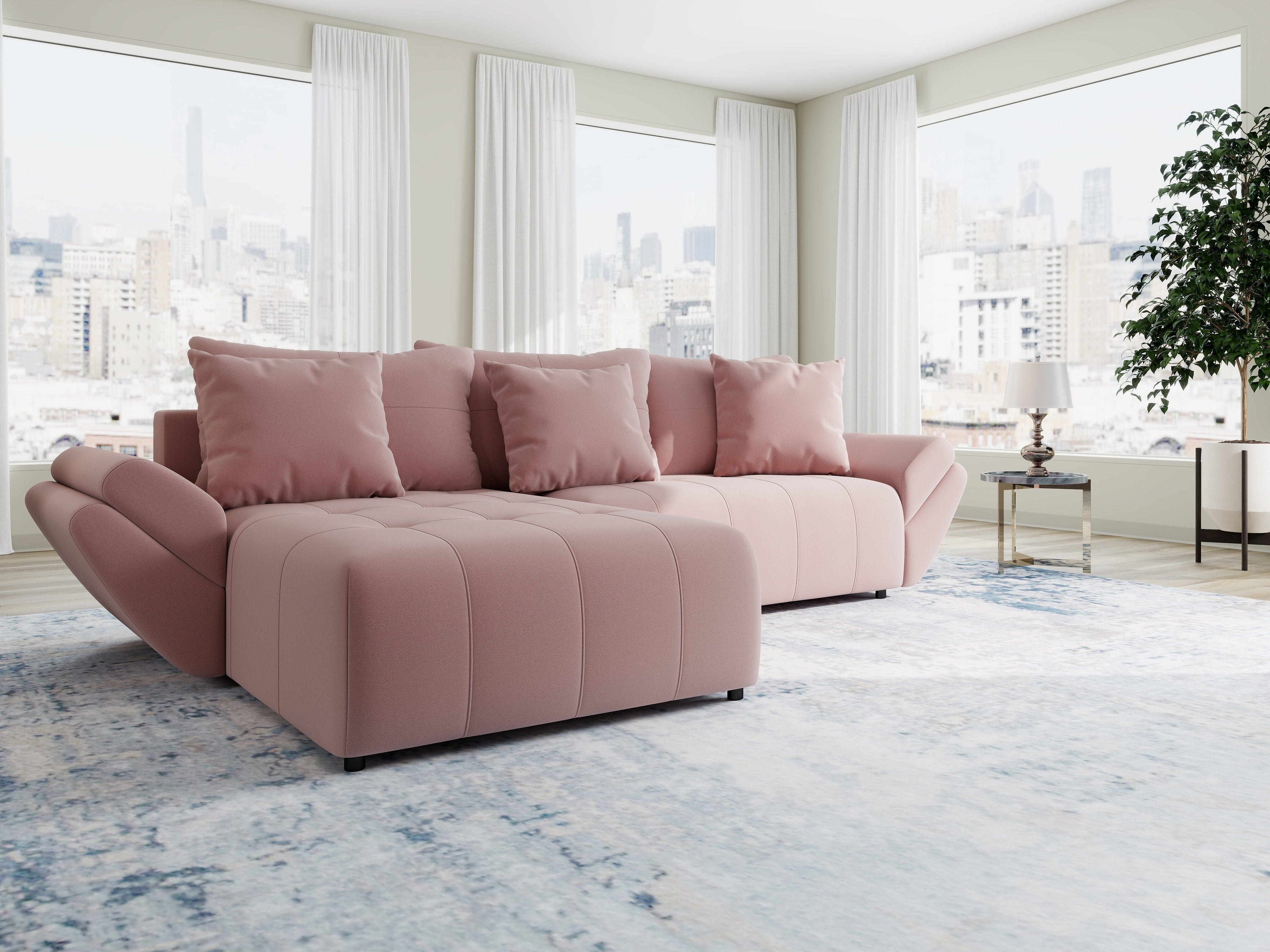 Colțar extensibil dumonde cu ladă de depozitare si sezut confortabil din spuma HR, Berlin Royal Roz 280x185 cm