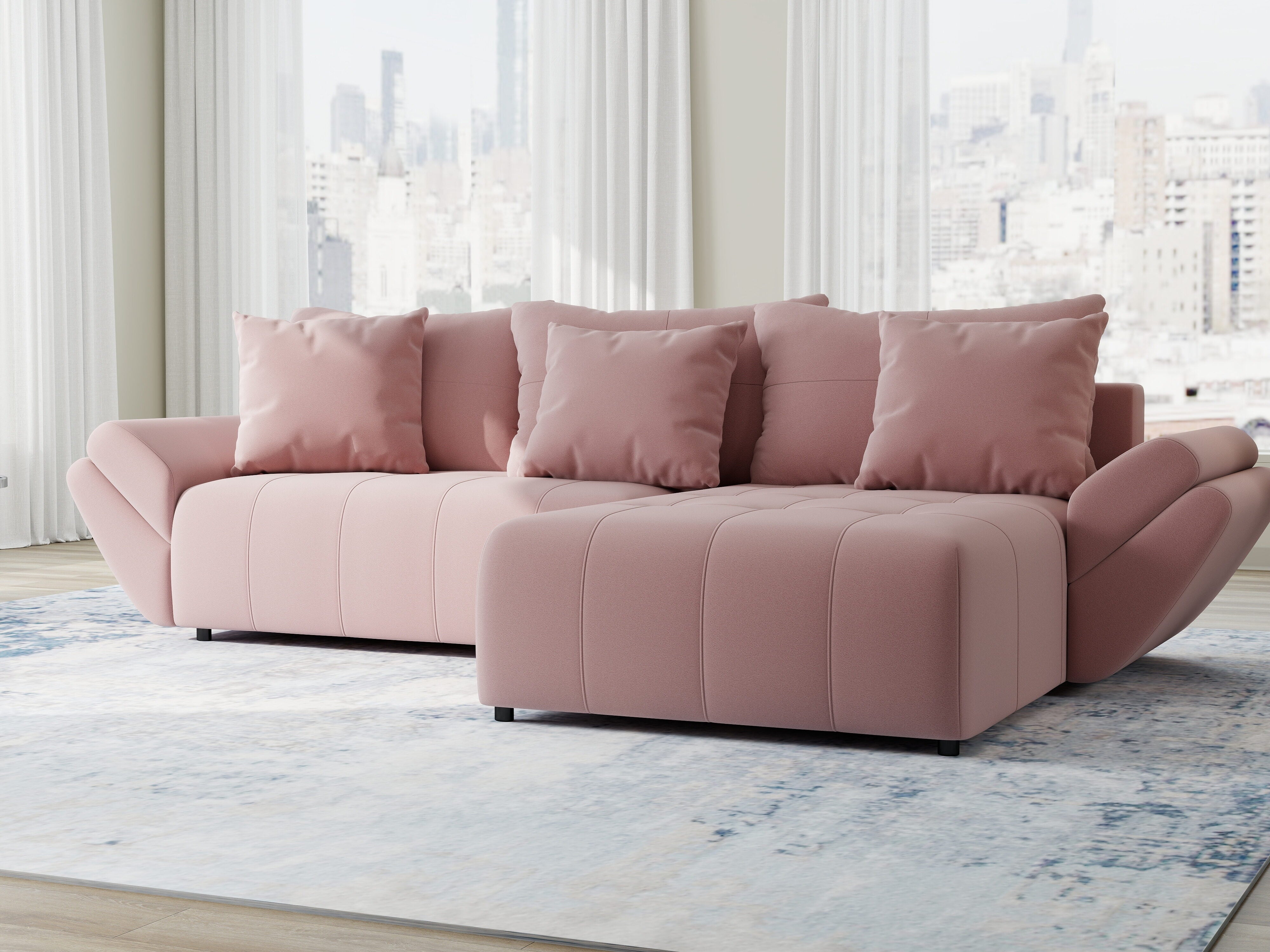 Colțar extensibil dumonde cu ladă de depozitare si sezut confortabil din spuma HR, Berlin Royal Roz 280x185 cm II