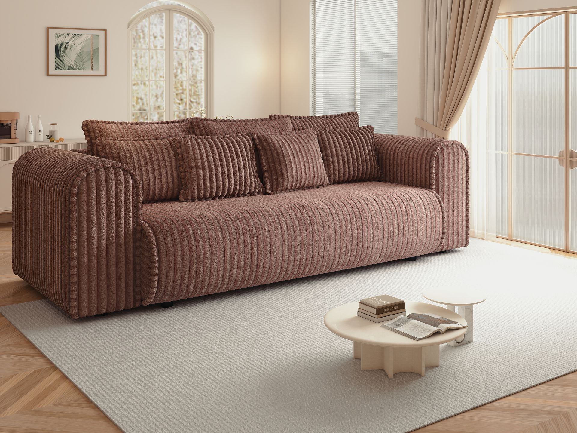 Canapea extensibilă dumonde cu ladă de depozitare si sezut confortabil din spuma high-density, Monaco Mica Tilia Roz 240x100 cm
