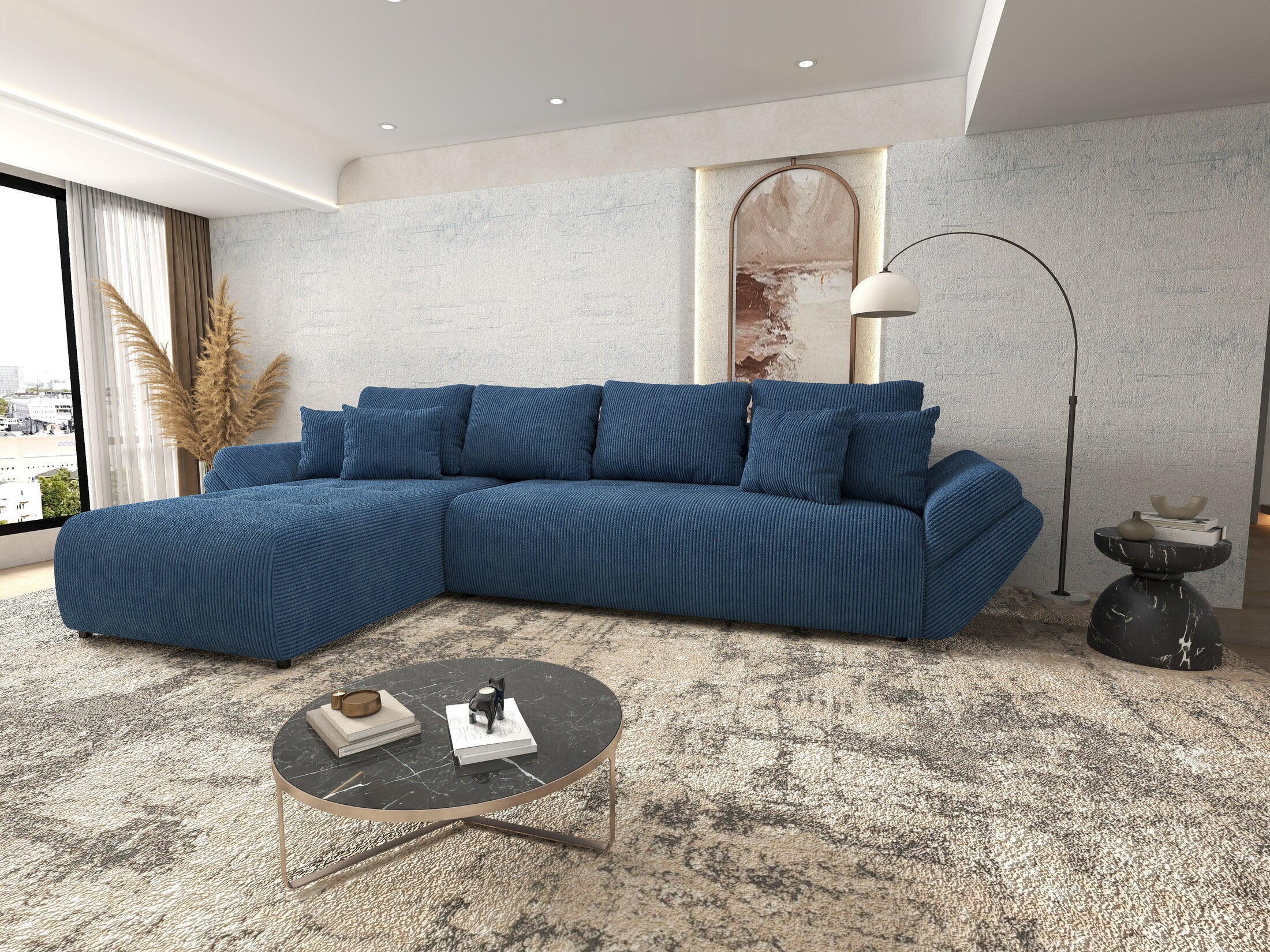 Colțar extensibil dumonde cu ladă de depozitare si sezut confortabil din spuma HR, Berlin XL Zoom Blue 350x185 cm