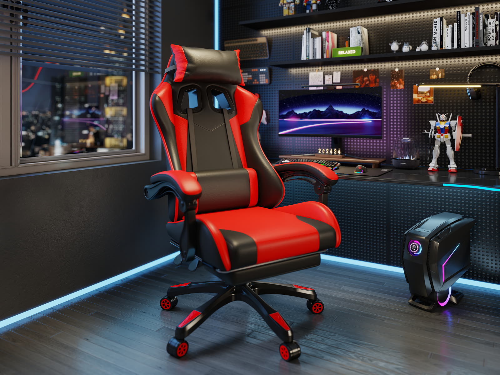 Scaun gaming Dumonde KRAKEN, mecanism multifuncțional, ecopiele, suport picioare, rosu/negru