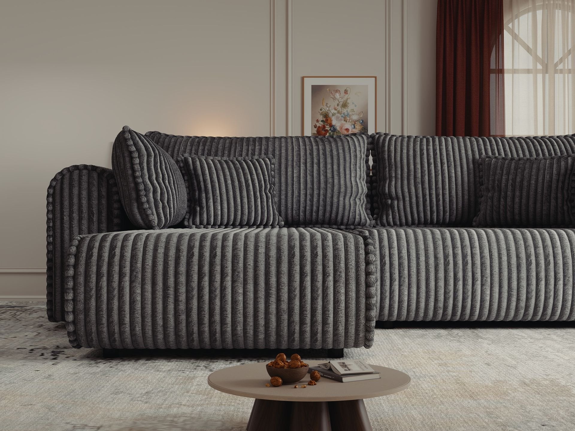 Colțar extensibil dumonde cu ladă de depozitare si sezut confortabil din spuma high-density, Monaco L Tilia Grafit 270x100 cm
