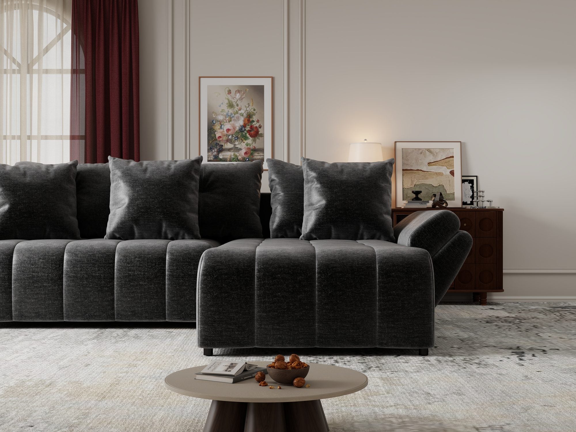 Colțar extensibil dumonde cu ladă de depozitare si sezut confortabil din spuma high-density, Berlin Monolith Gri Antracit 97 II 280x185 cm