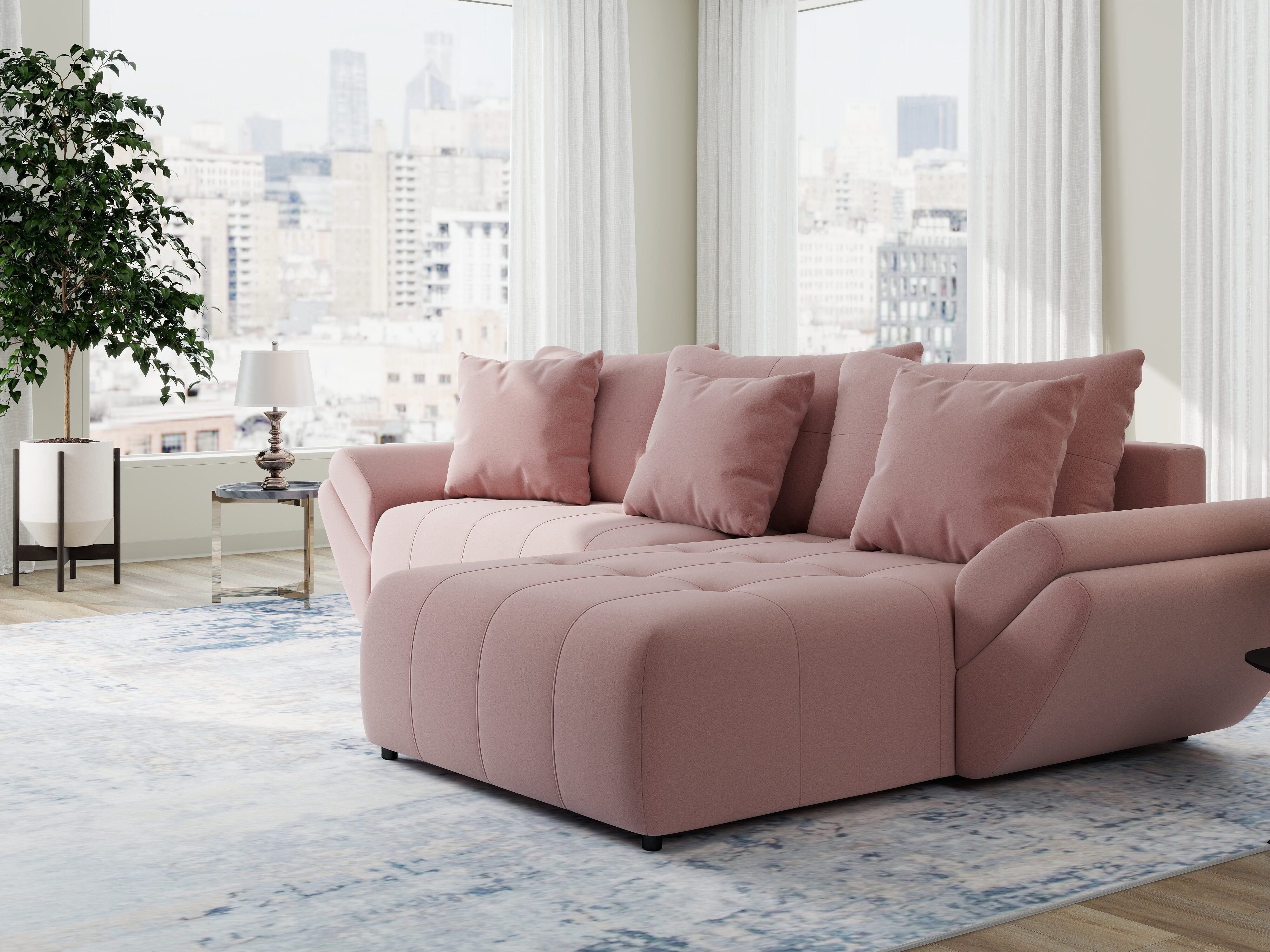 Colțar extensibil dumonde cu ladă de depozitare si sezut confortabil din spuma HR, Berlin Royal Roz 280x185 cm II