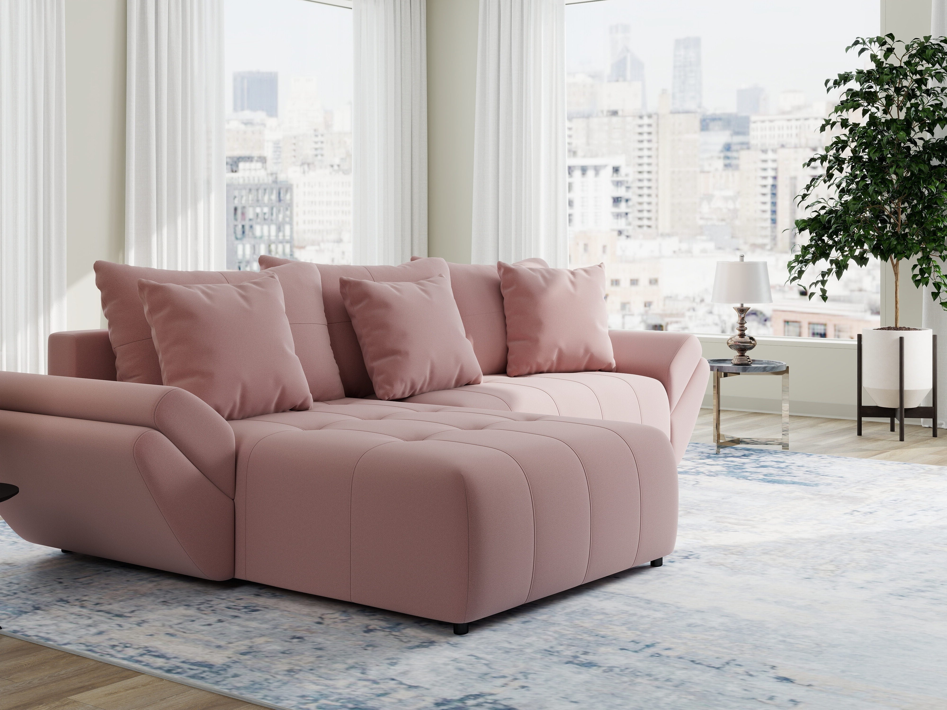 Colțar extensibil dumonde cu ladă de depozitare si sezut confortabil din spuma HR, Berlin Royal Roz 280x185 cm