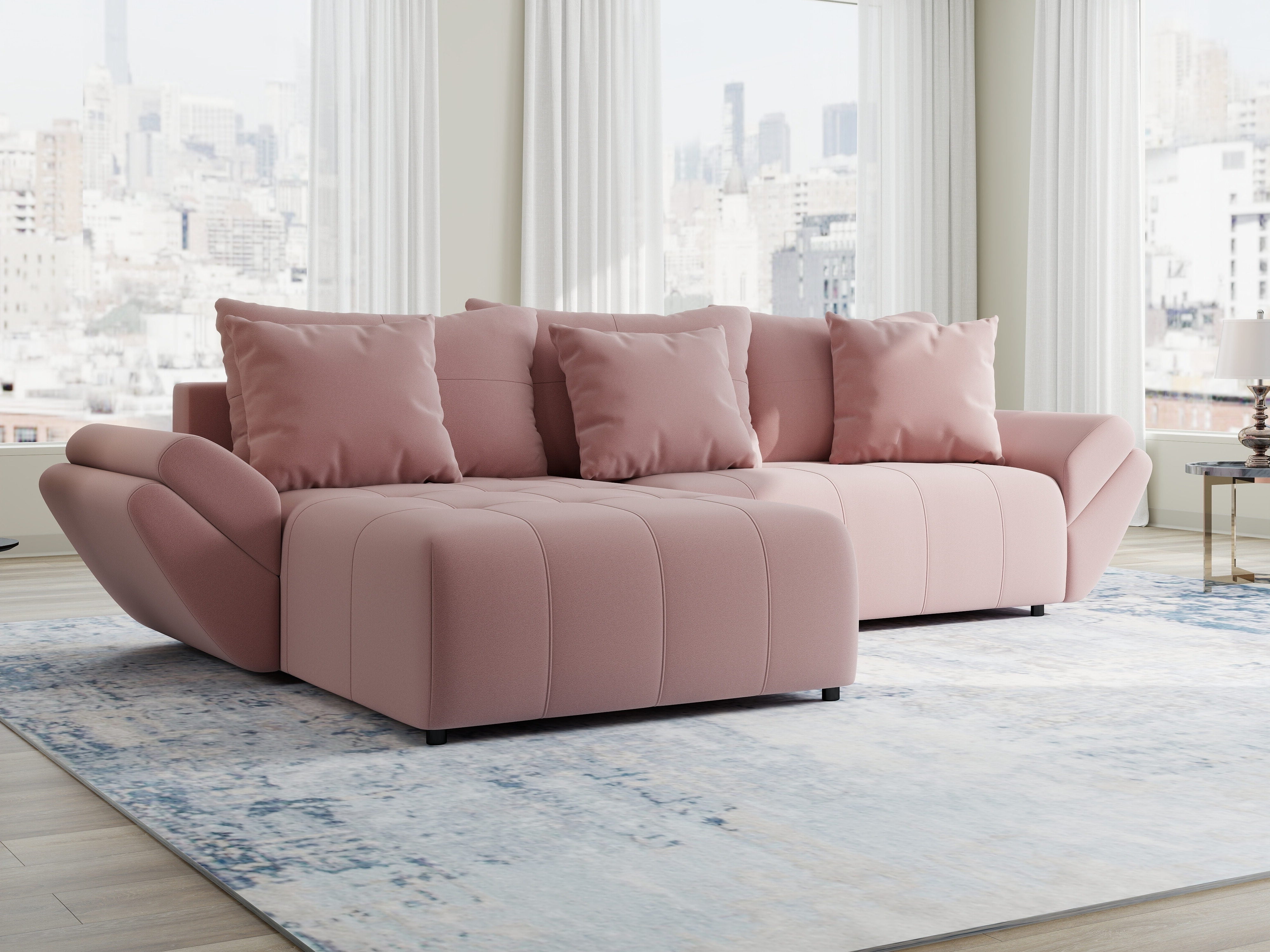 Colțar extensibil dumonde cu ladă de depozitare si sezut confortabil din spuma HR, Berlin Royal Roz 280x185 cm