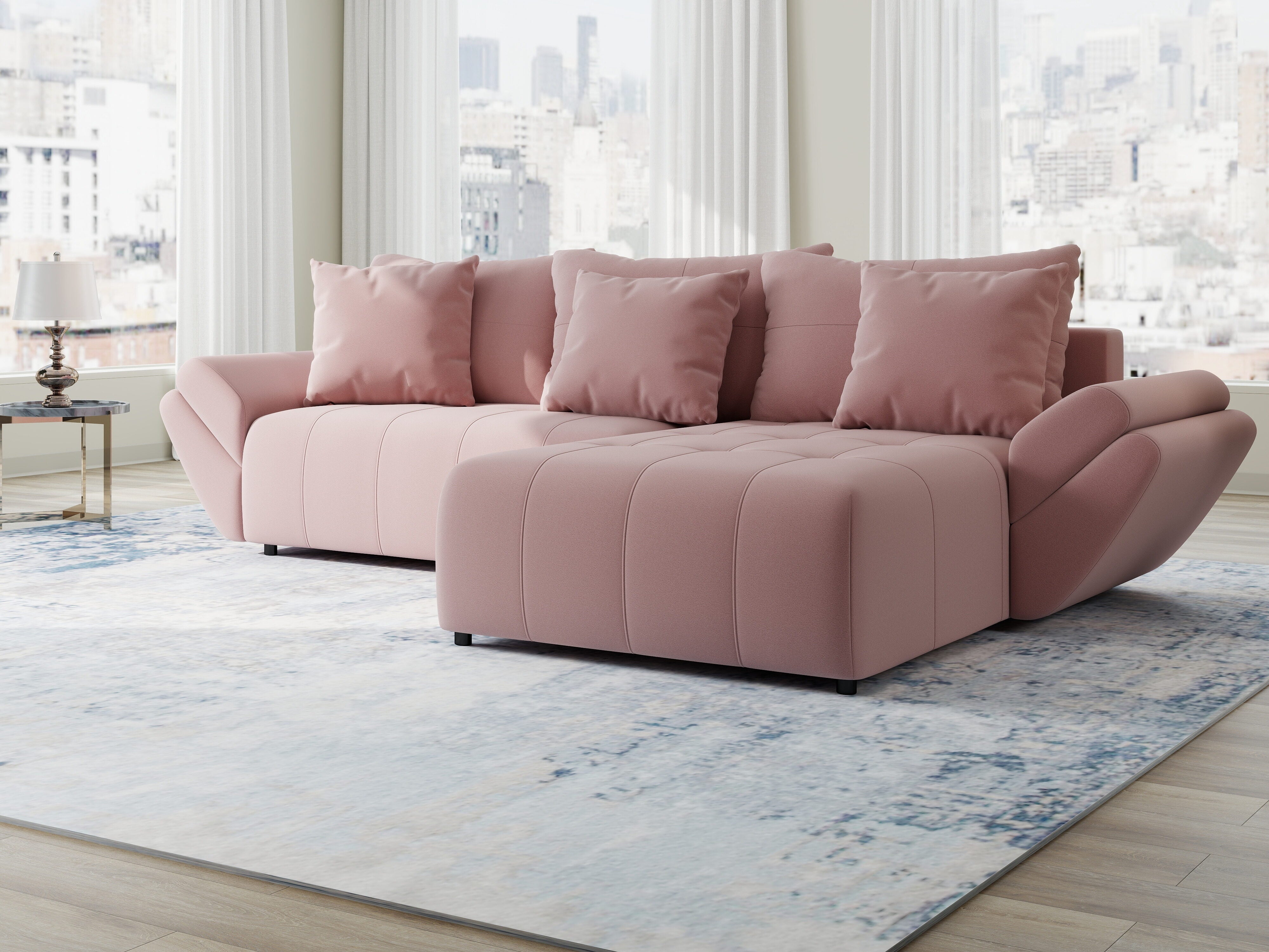 Colțar extensibil dumonde cu ladă de depozitare si sezut confortabil din spuma HR, Berlin Royal Roz 280x185 cm II