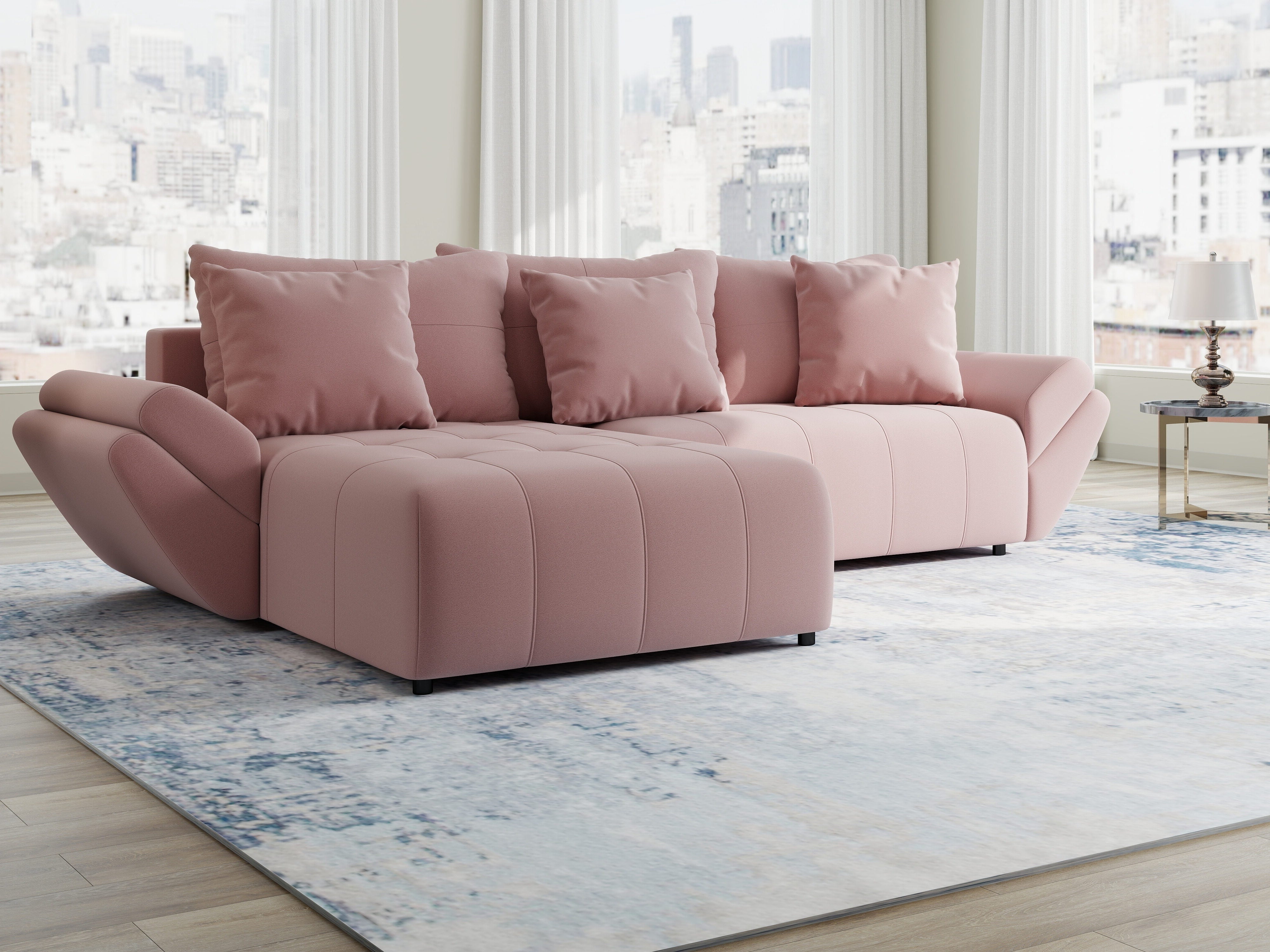 Colțar extensibil dumonde cu ladă de depozitare si sezut confortabil din spuma HR, Berlin Royal Roz 280x185 cm