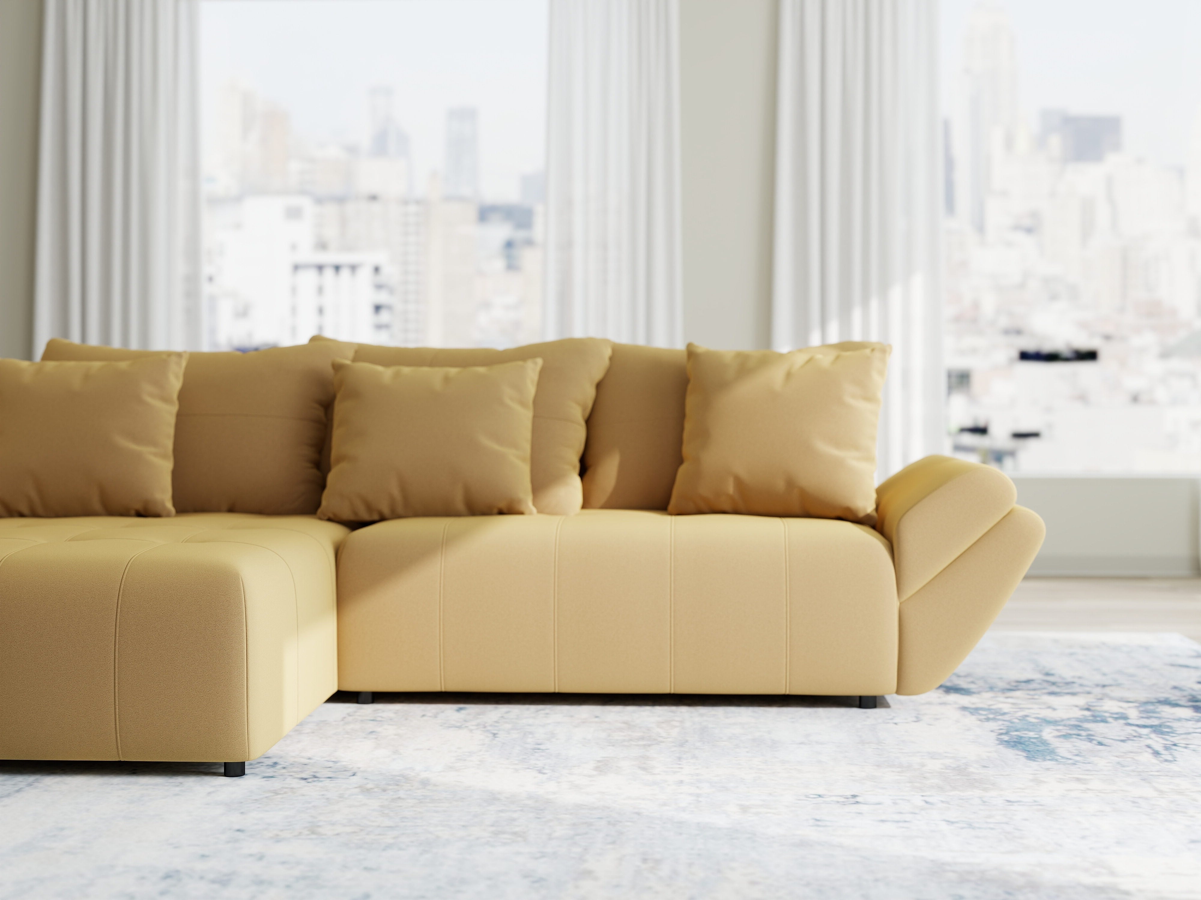 Colțar extensibil dumonde cu ladă de depozitare si sezut confortabil din spuma HR, Berlin Royal Galben Mustar 280x185 cm