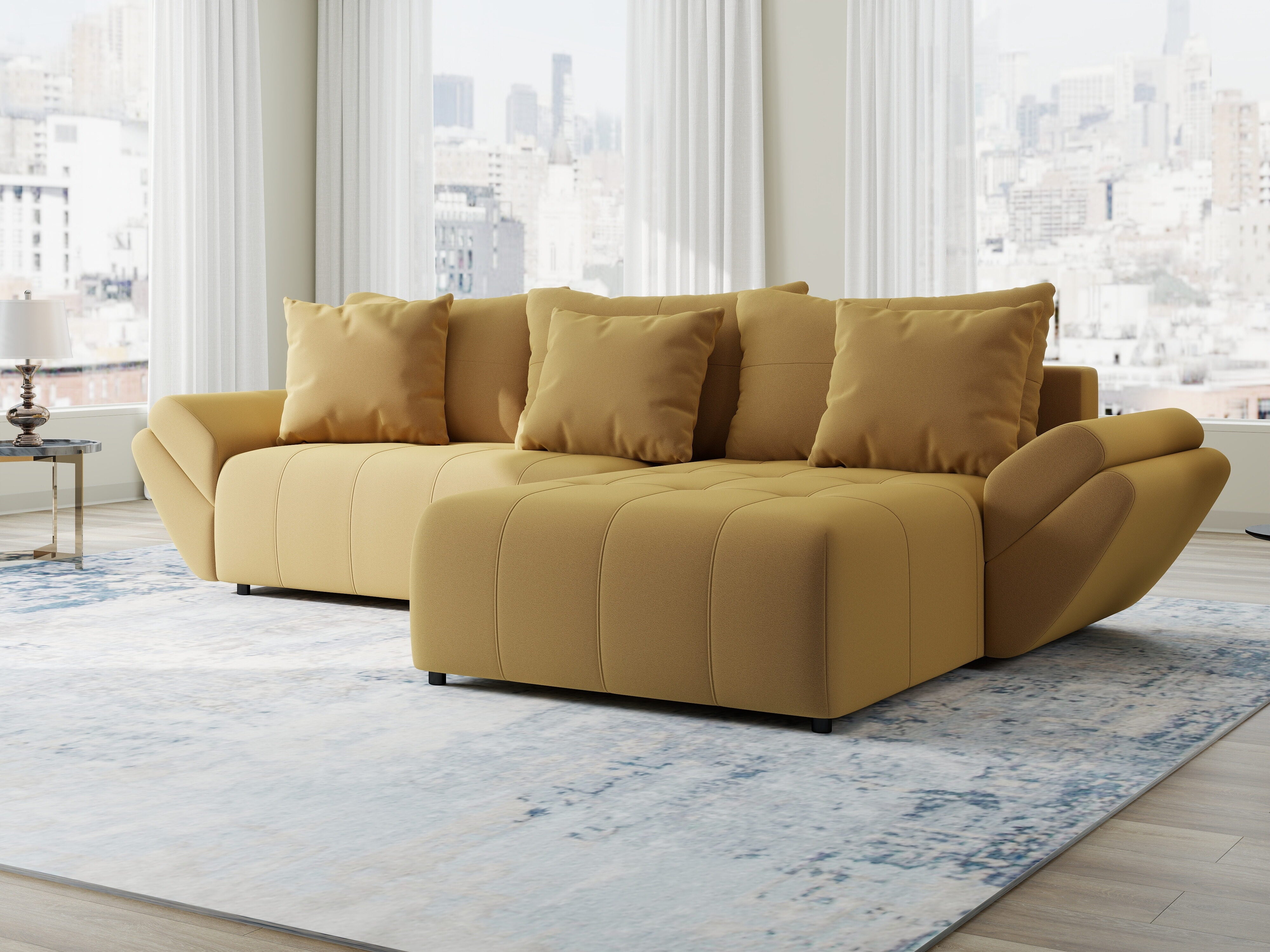 Colțar extensibil dumonde cu ladă de depozitare si sezut confortabil din spuma HR, Berlin Royal Galben Mustar 280x185 cm II