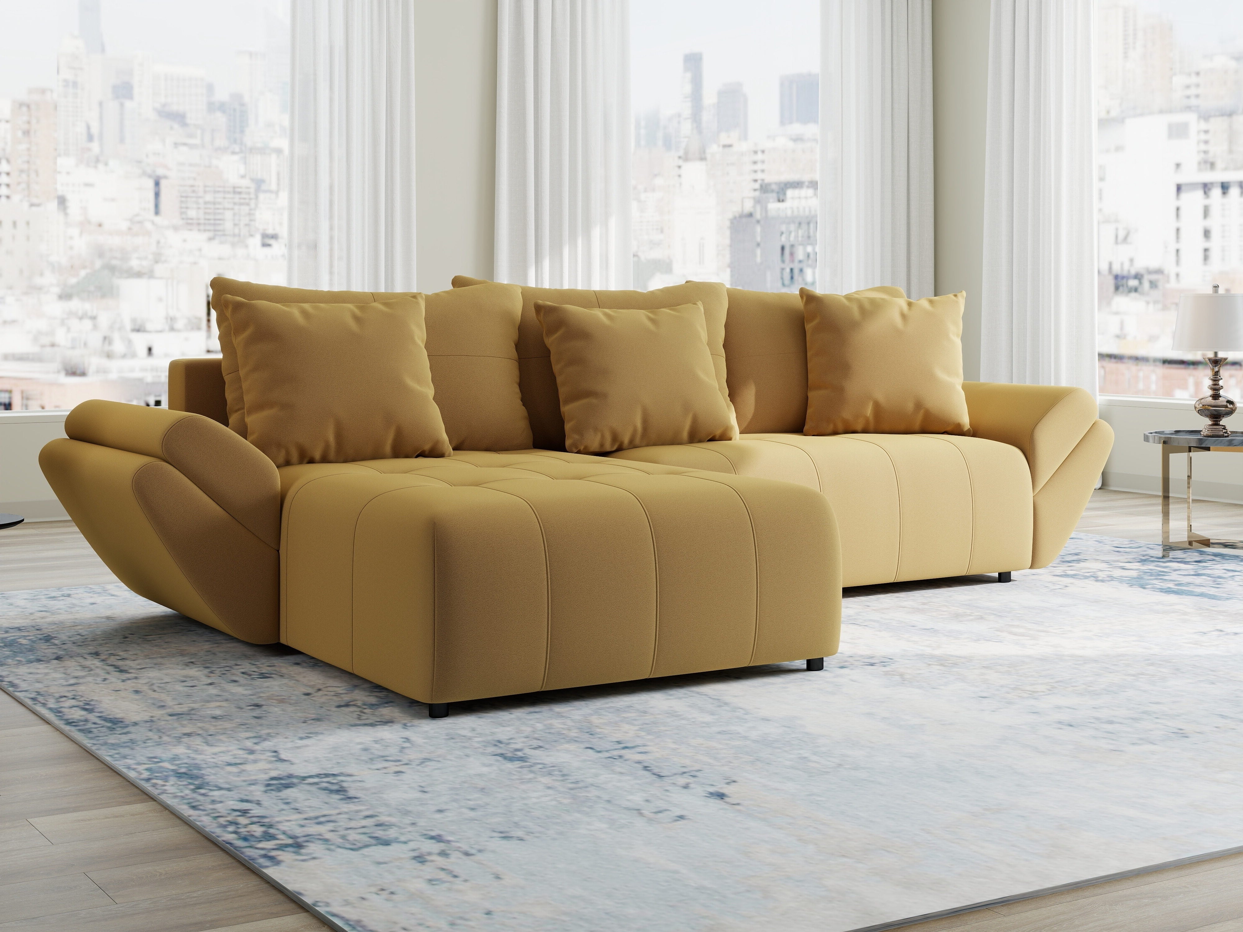 Colțar extensibil dumonde cu ladă de depozitare si sezut confortabil din spuma HR, Berlin Royal Galben Mustar 280x185 cm