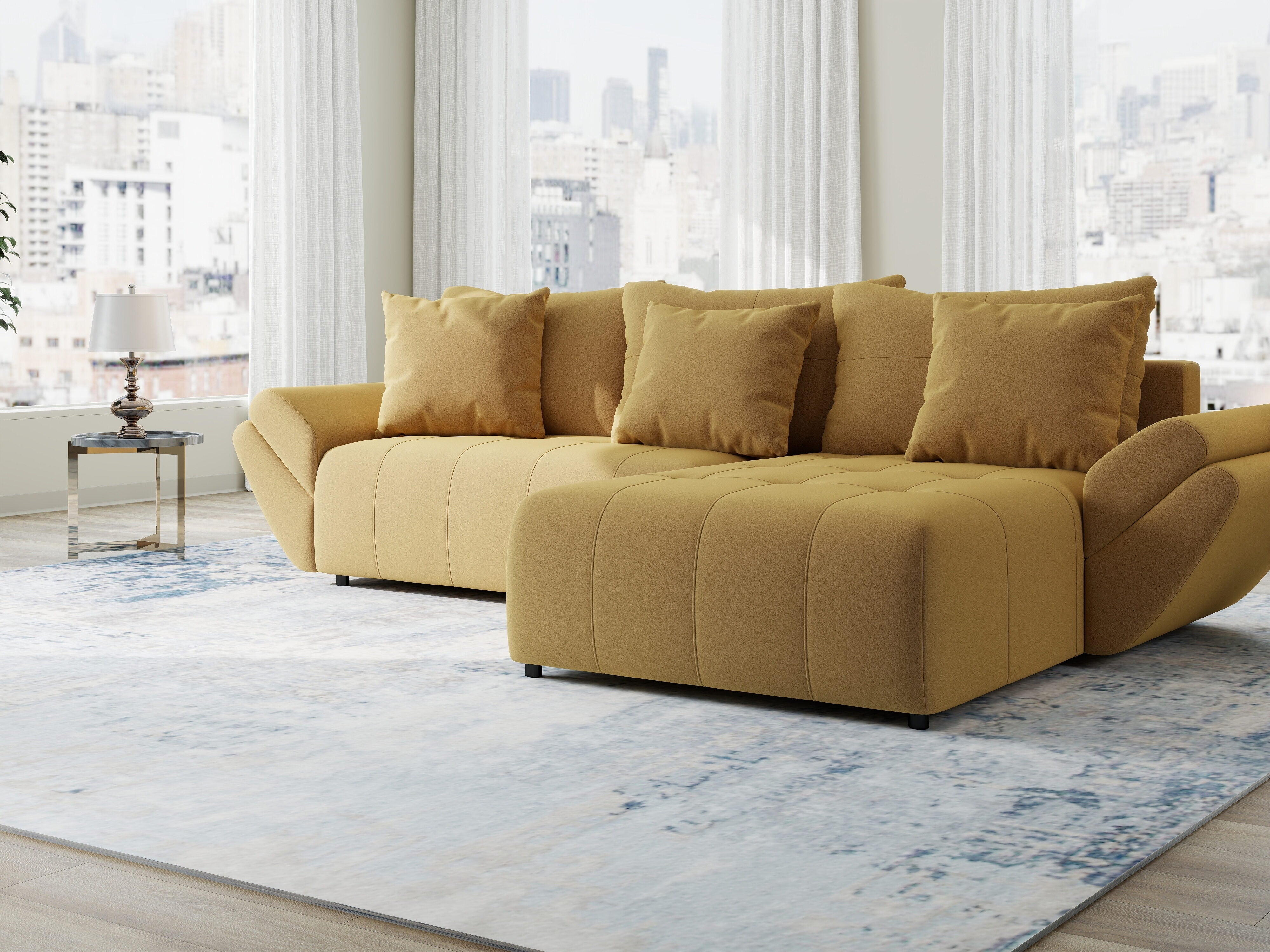 Colțar extensibil dumonde cu ladă de depozitare si sezut confortabil din spuma HR, Berlin Royal Galben Mustar 280x185 cm II