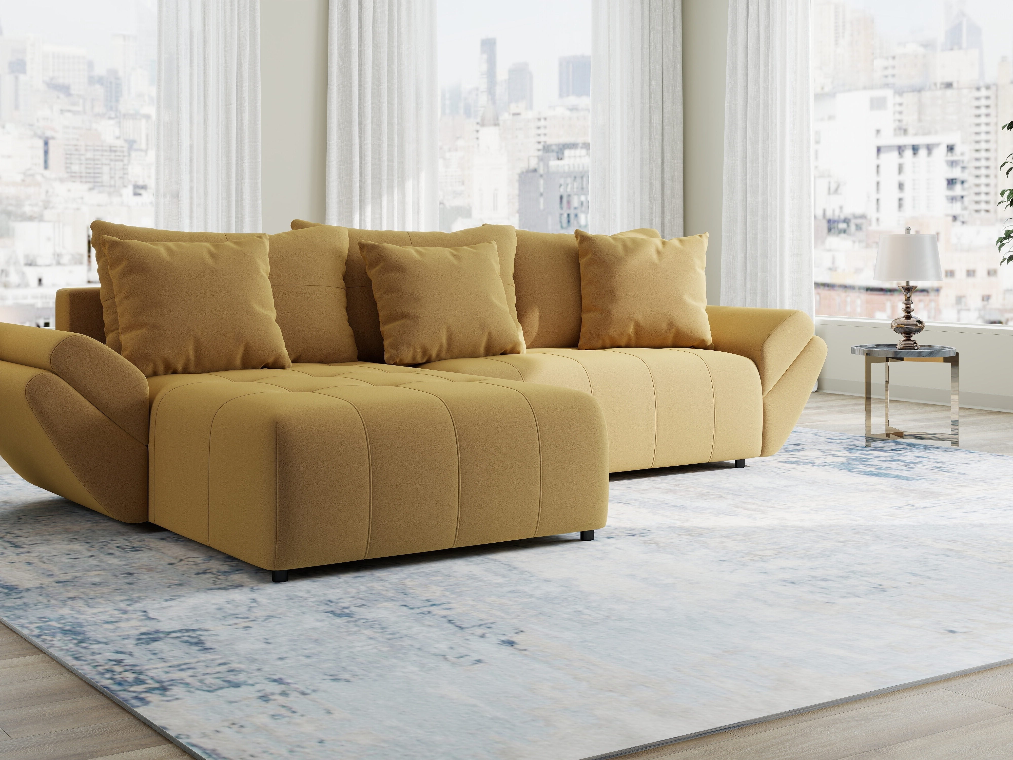 Colțar extensibil dumonde cu ladă de depozitare si sezut confortabil din spuma HR, Berlin Royal Galben Mustar 280x185 cm