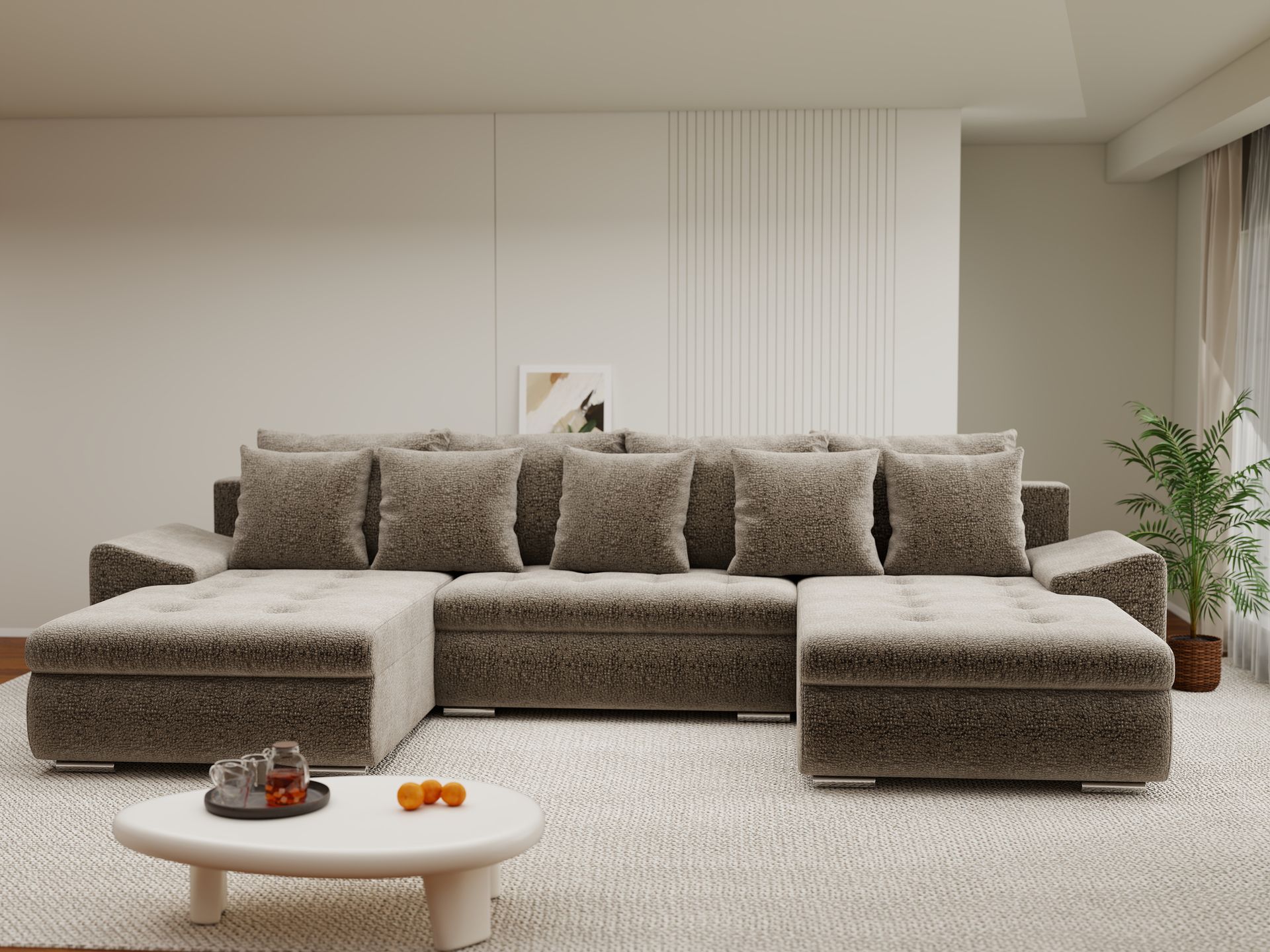 Colțar extensibil dumonde cu ladă de depozitare si sezut confortabil din spuma high-density, Leonardo U Jaguar Maro Cappuccino 08 360x185 cm