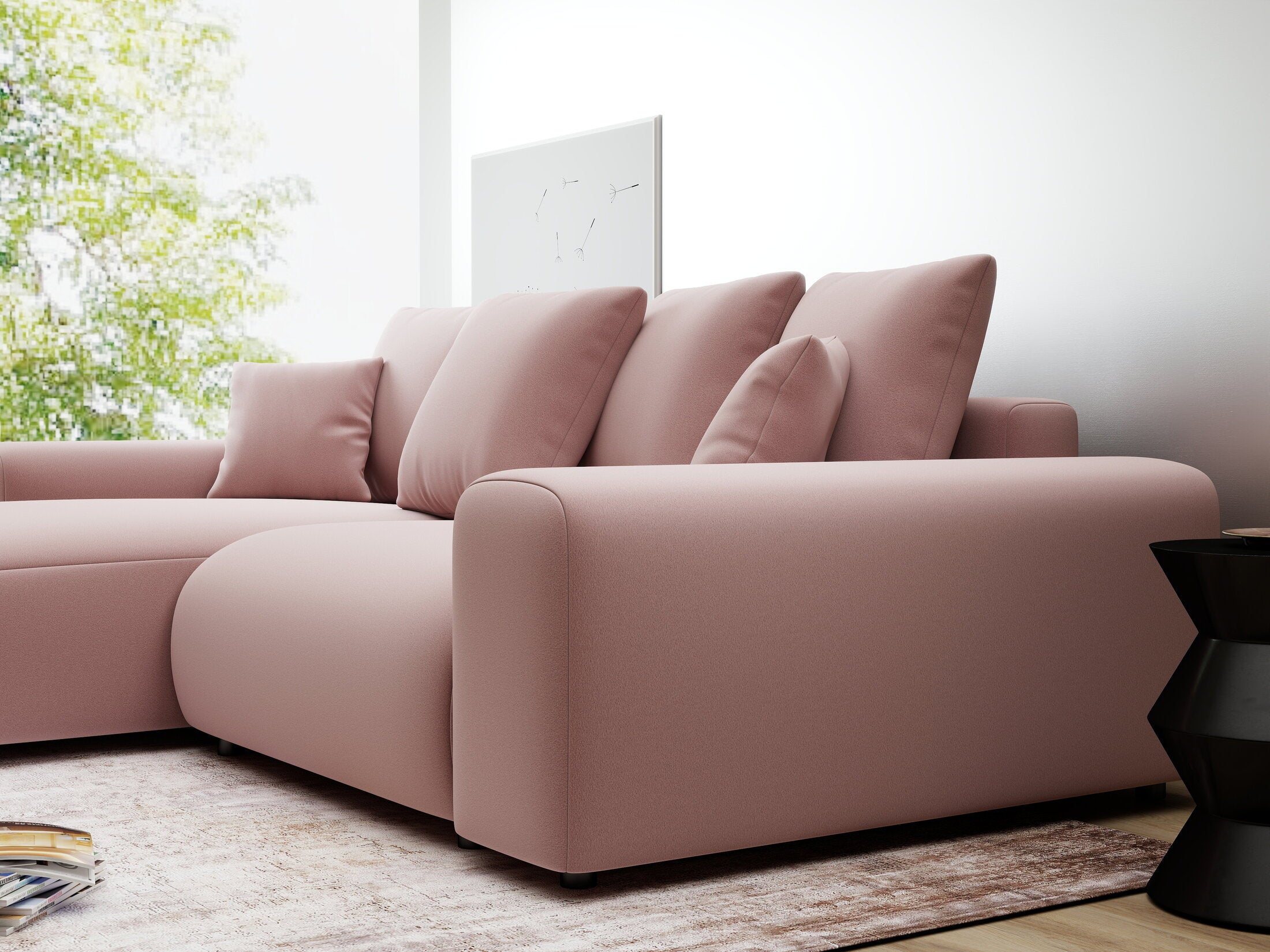 Colțar extensibil dumonde cu ladă de depozitare și șezut confortabil din spumă HR, Luma Royal Roz 255x168 cm