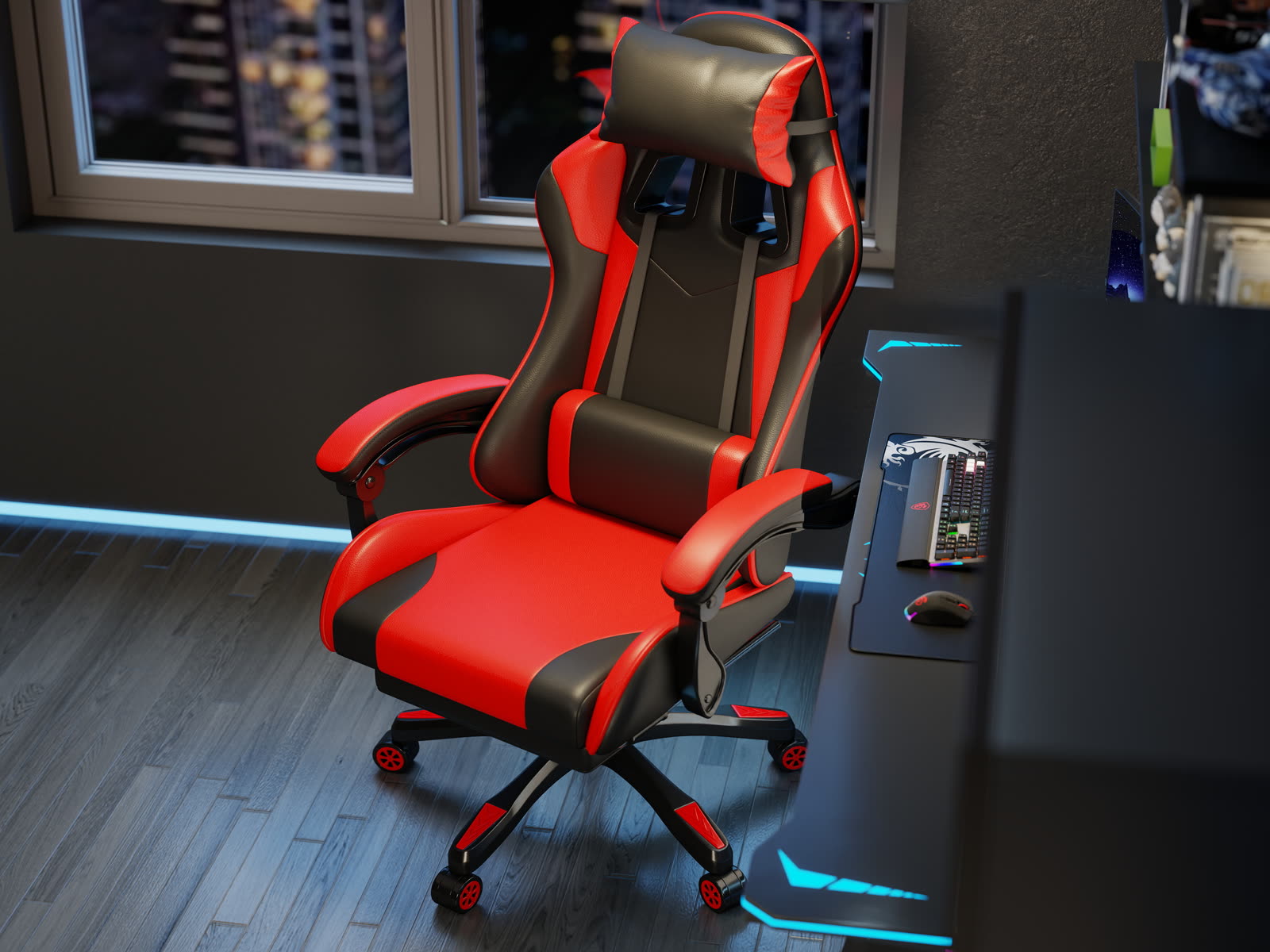 Scaun gaming Dumonde KRAKEN, mecanism multifuncțional, ecopiele, suport picioare, rosu/negru