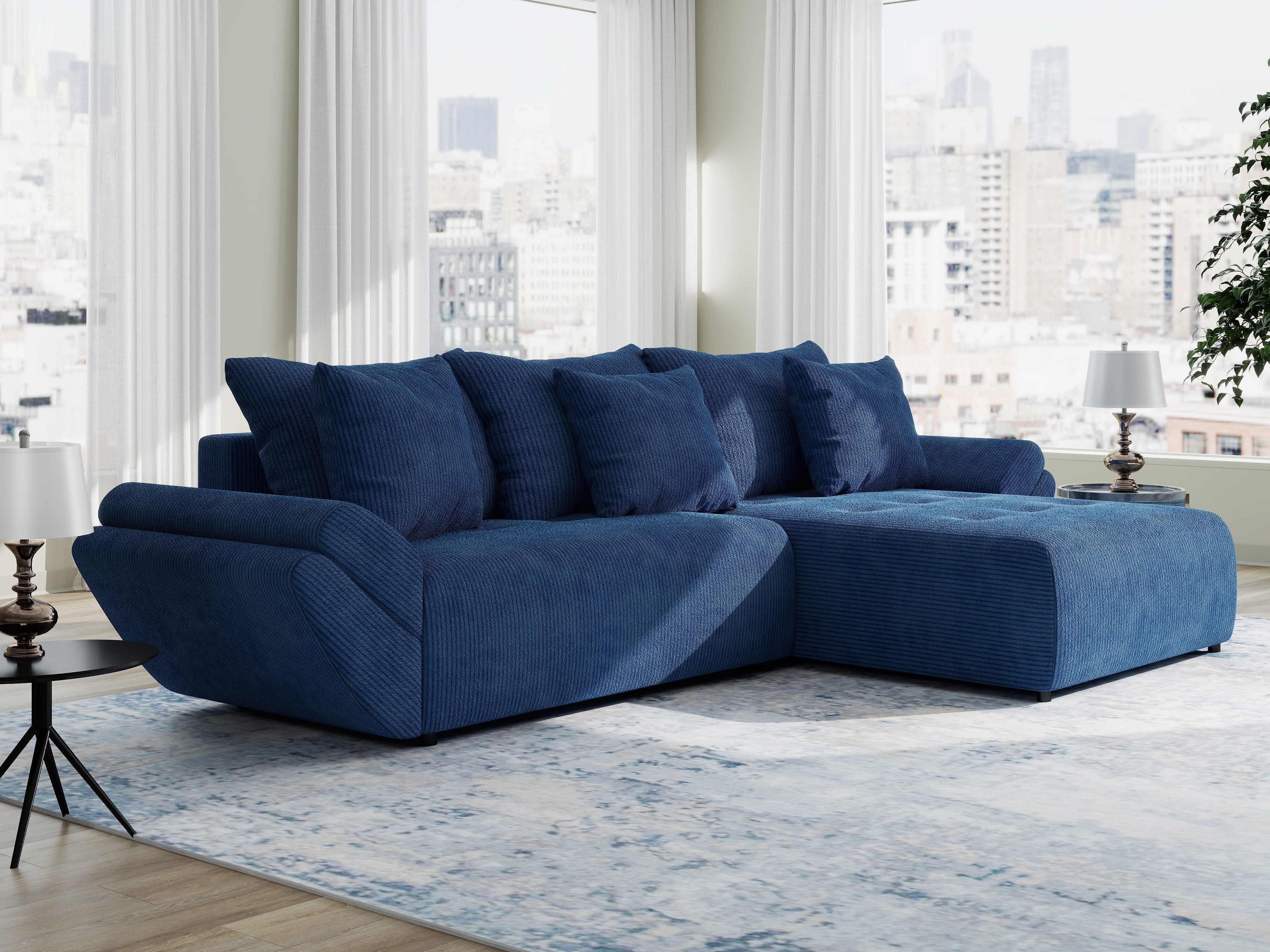 Colțar extensibil dumonde cu ladă de depozitare si sezut confortabil din spuma HR, Berlin Zoom Albastru 280x185 cm II