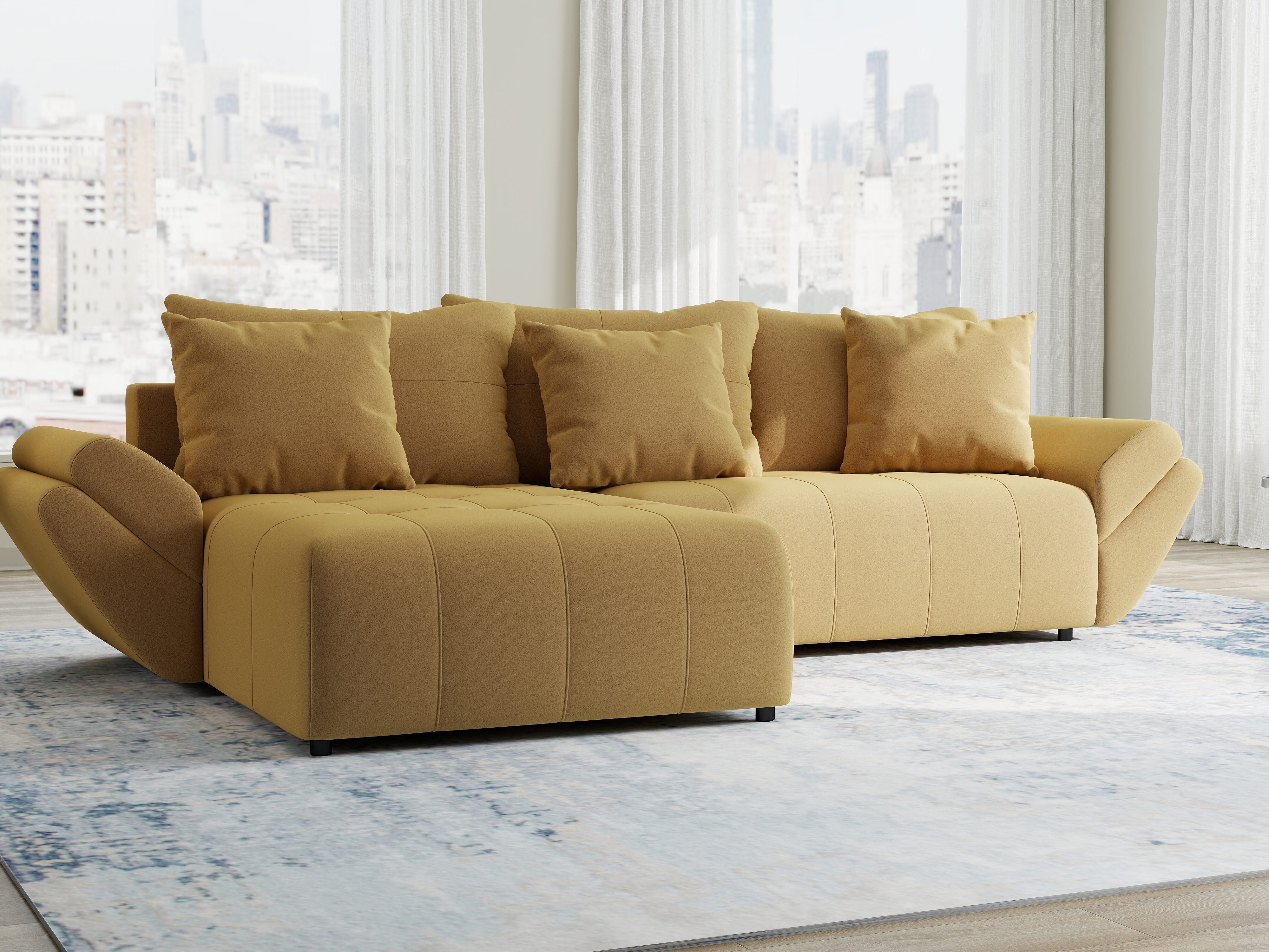 Colțar extensibil dumonde cu ladă de depozitare si sezut confortabil din spuma HR, Berlin Royal Galben Mustar 280x185 cm